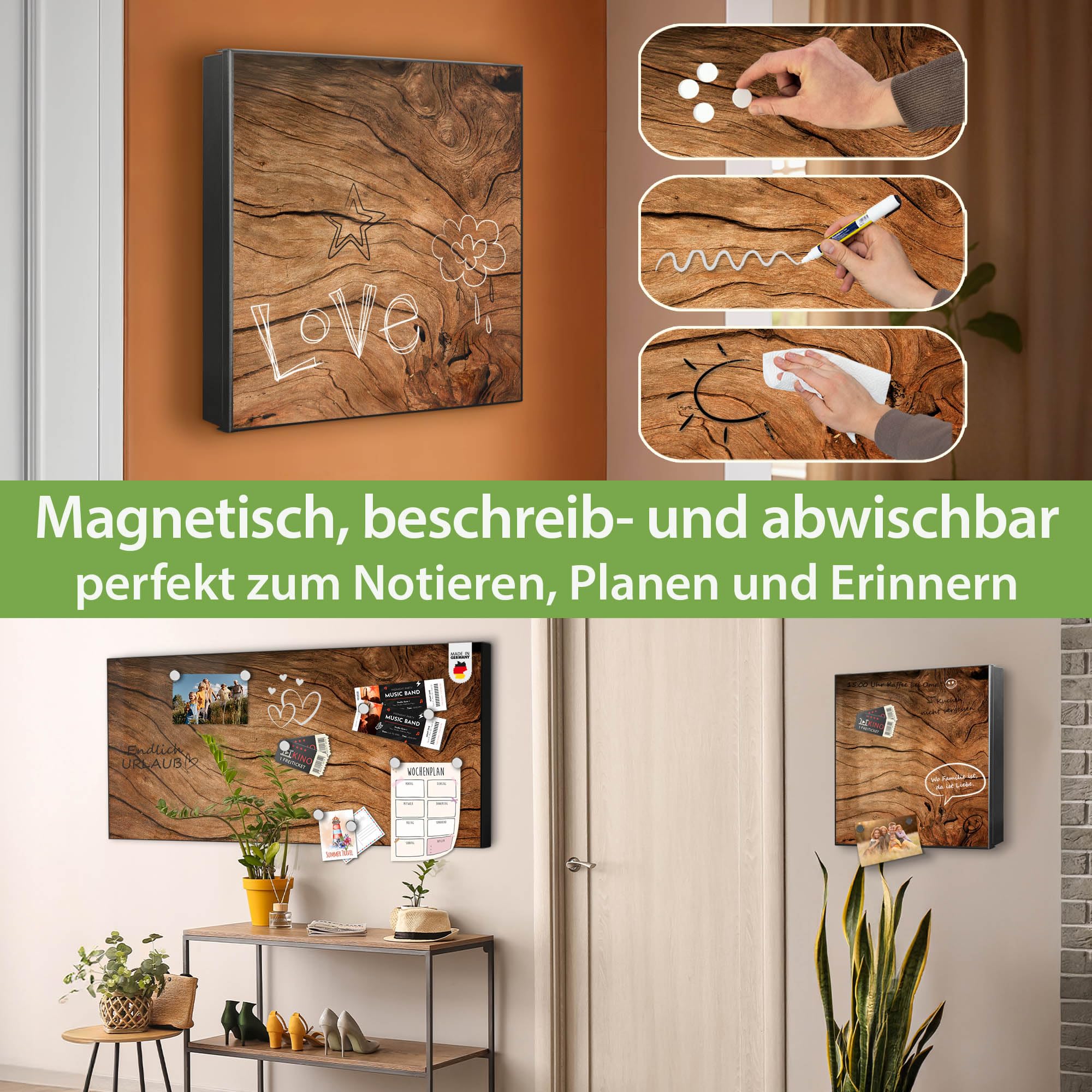 banjado Großer Schlüsselkasten Metall - Schlüsselbox 30x30cm beschreibbarer mit 32 Haken - Schlüsselkasten modern für Schlüsselaufbewahrung - Korpus Schwarz Scharnier Rechts - Motiv Trockenes Holz