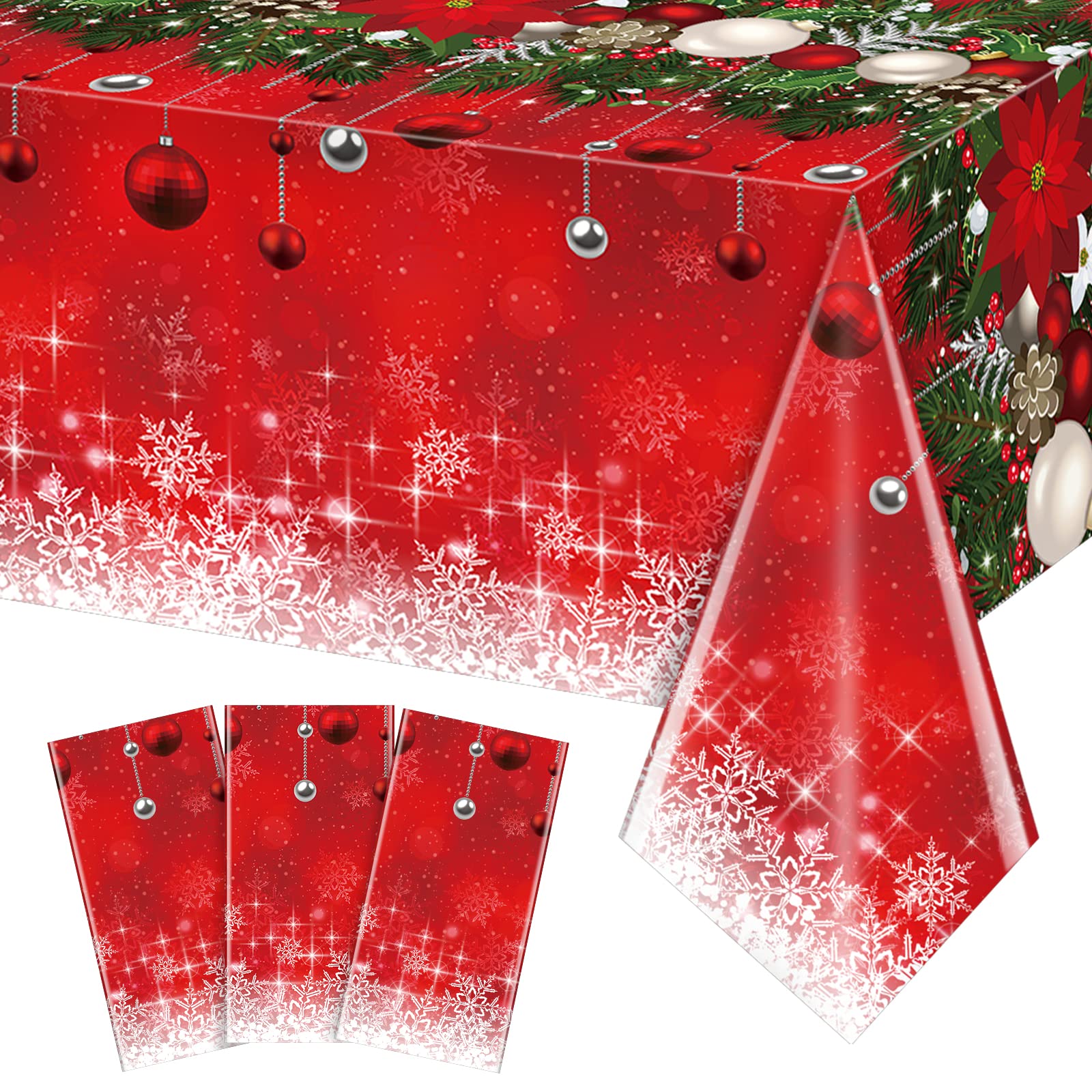 3Pieces Merry Christmas Tablecloth Plastic Christmas Tree Ball Table Cover Rectangle Winter Snowflake Tablecloth for Merry Christmas Holiday New Year Eve Party Decorations Supplies,54x108inch