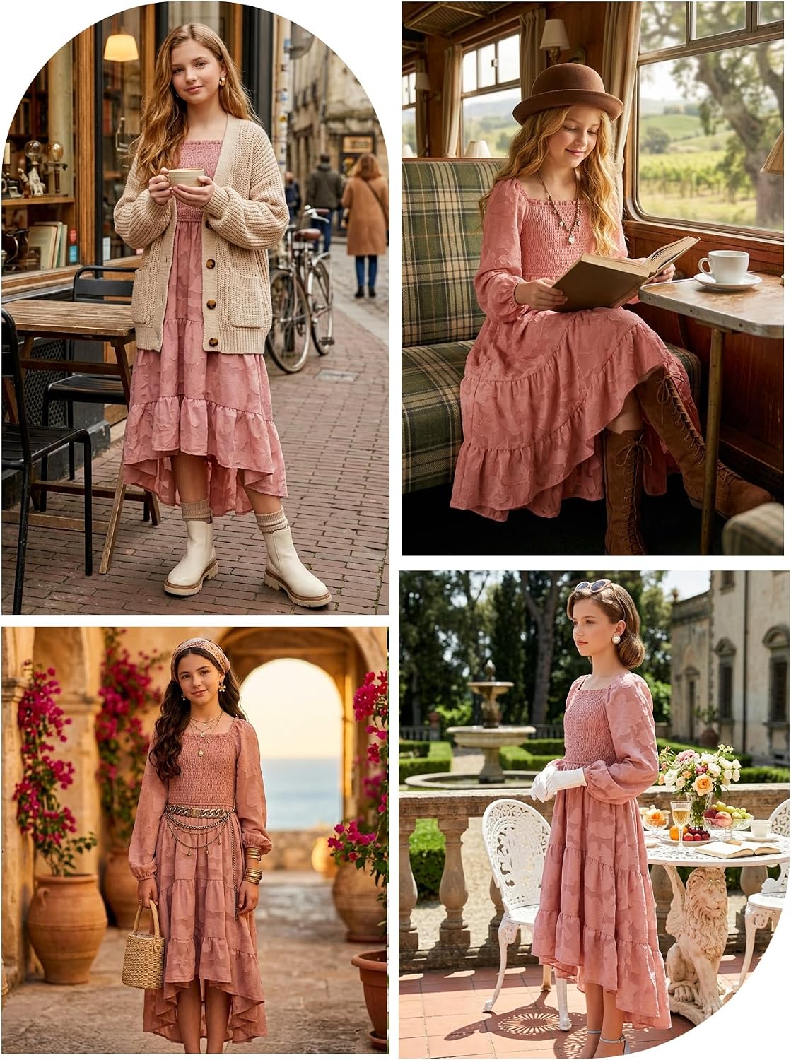 HOSIKA Girls Fall Dress High Low Hem Flowy Western Long Sleeve Boho Dresses