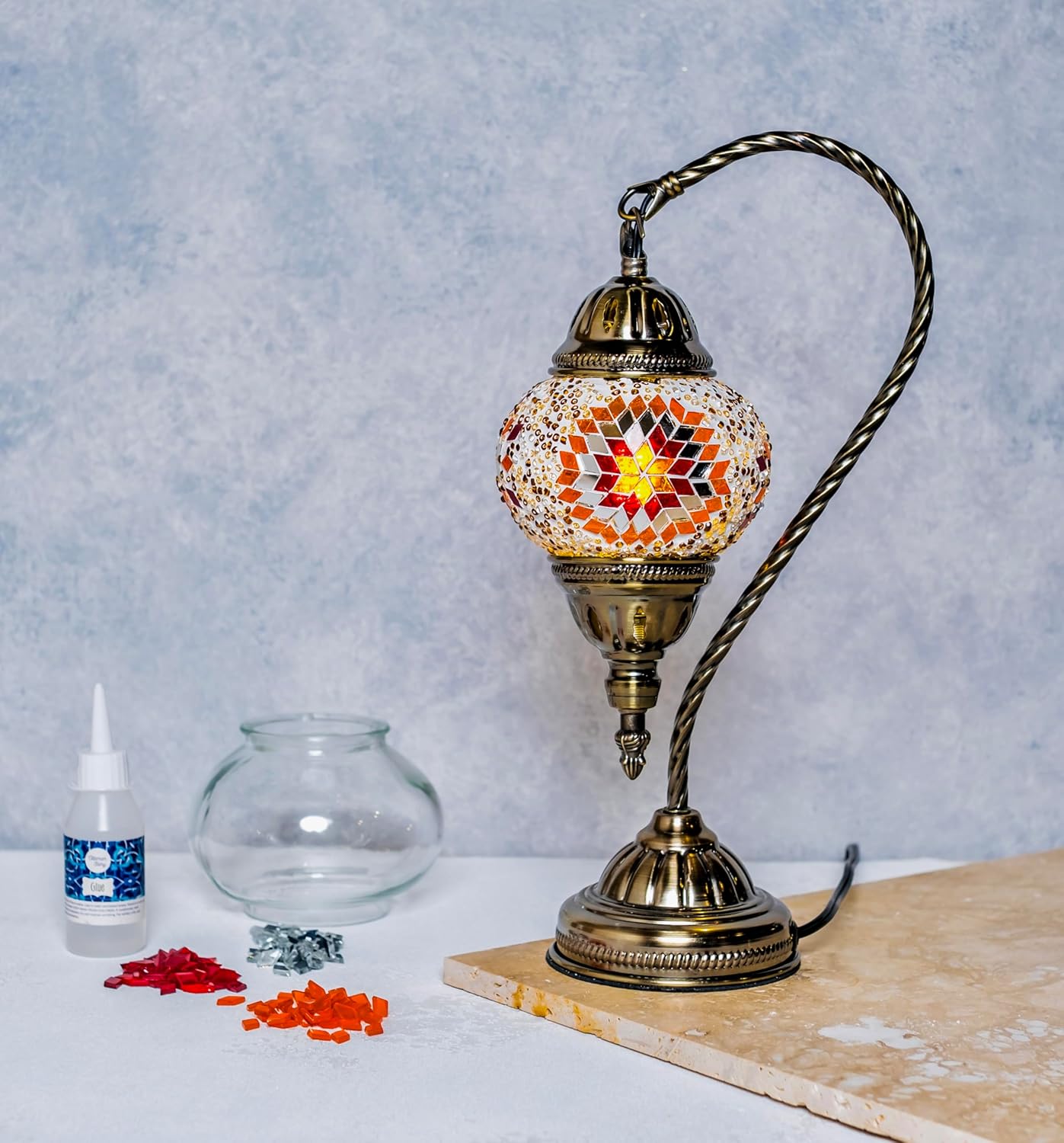 KRAFTSTORIES Turkish Mosaic Swan Neck Lamp Making Kit| DIY Colorful Glass Decorative Nightstand Table Light| Craft Kit |Make Your Own Lamp | Living Room Bedroom | Antique Bronze Base (Sunset)