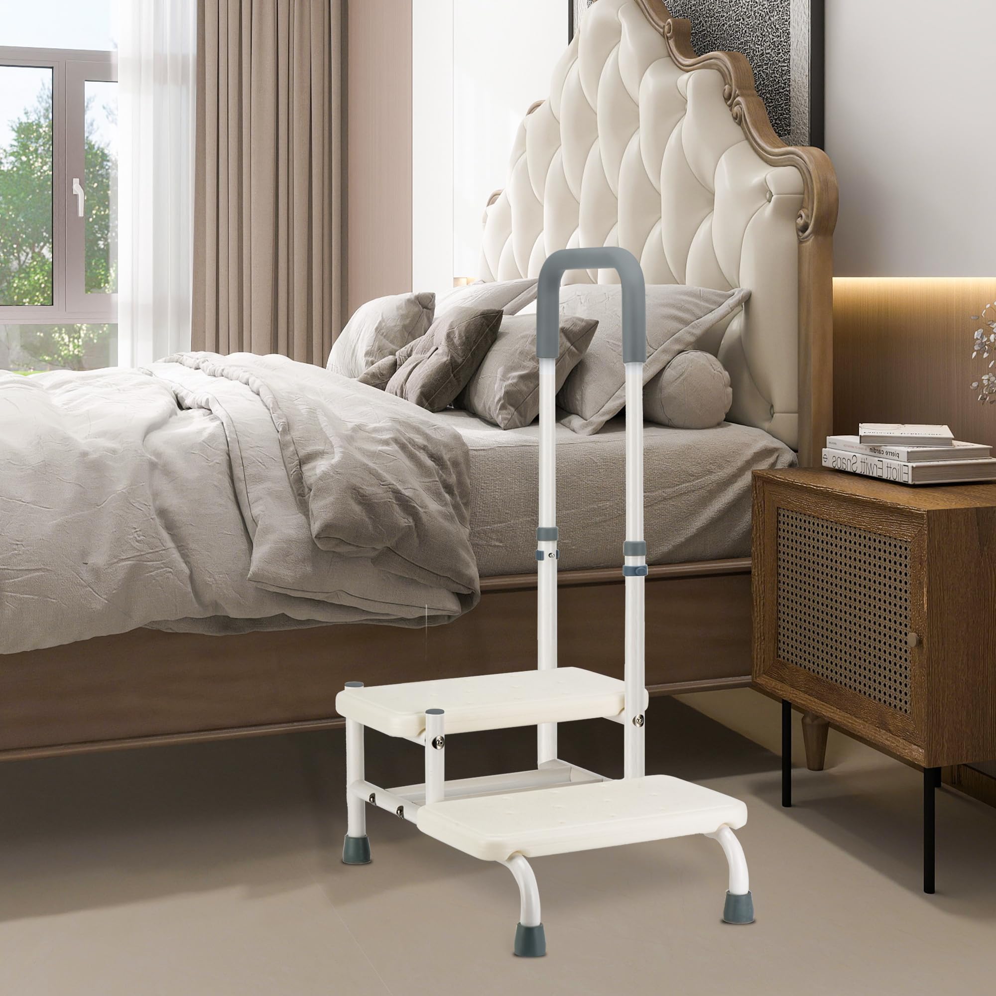 NIdreamCE Bed Steps for High Beds for Adults,2 Step Stool with Adjustable Handrail for Fall Prevention Foot Stool Ladder for Bedside,Kitchen, Car,Caravan,Bathtub