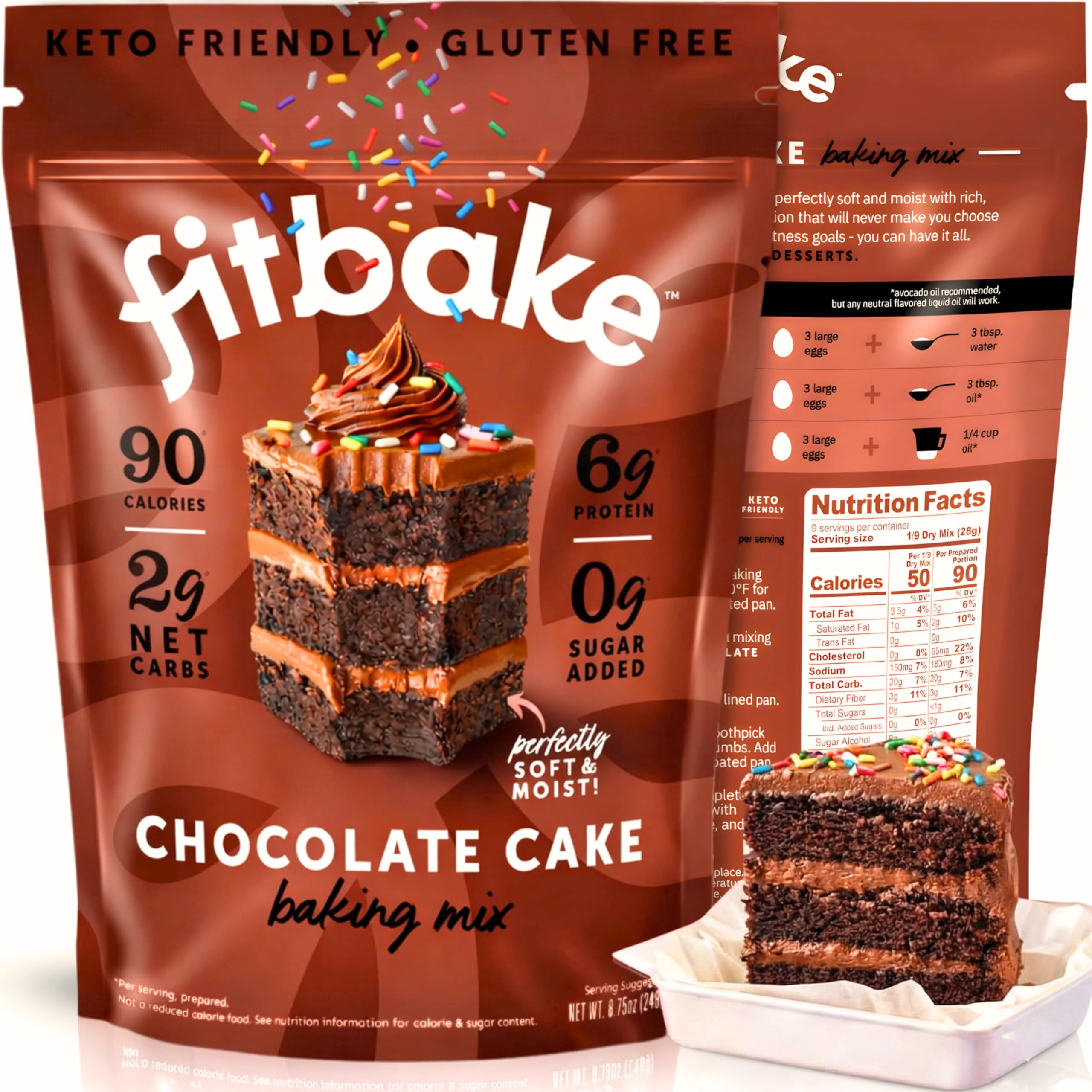 FitBake Keto Low Carb Chocolate Cake Baking Mix | 2g Net Carbs Per Serving | No Added Sugar | Zero Sugar & Gluten Free Desserts, Naturally Sweetened Keto Snack 8.75oz