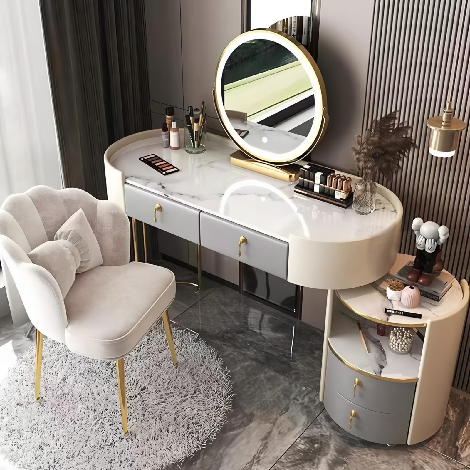 Vanity Desk Set, Luxury Makeup Vanity with Smart Mirror and LED Light, Solid Wood Dressing Table with Open Storage and Drawers, Includes Rock Slab