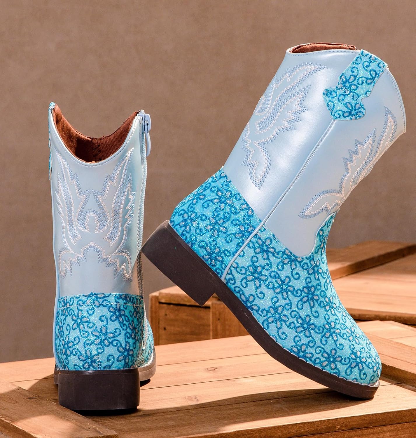 DADAWEN Boys Girls Cowboy Boots Embroidery Glitter Mid Calf Square Toe Kids Western Cowgirl Boots Riding Shoes (Toddler/Little Kid/Big Kid)