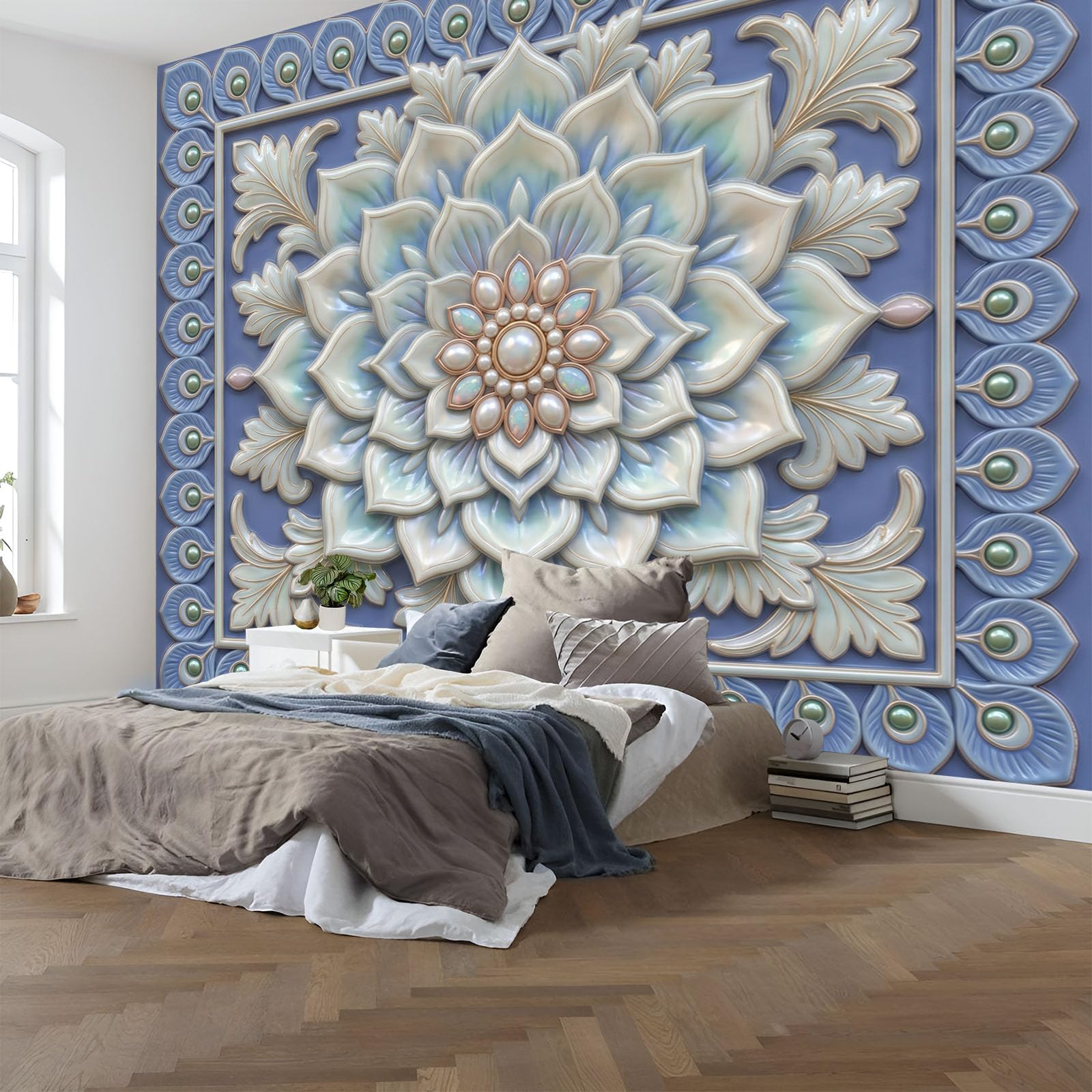 Papier Peint Panoramique Relief Mandala 3D Bleu Blanc Salon et Chambre