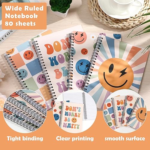 Miniatura 3 de QOUBAI Paquete de 4 cuadernos de composición en espiral, con rayas anchas y tapa dura para niños, niñas, mujeres, trabajo, oficina, escuela,