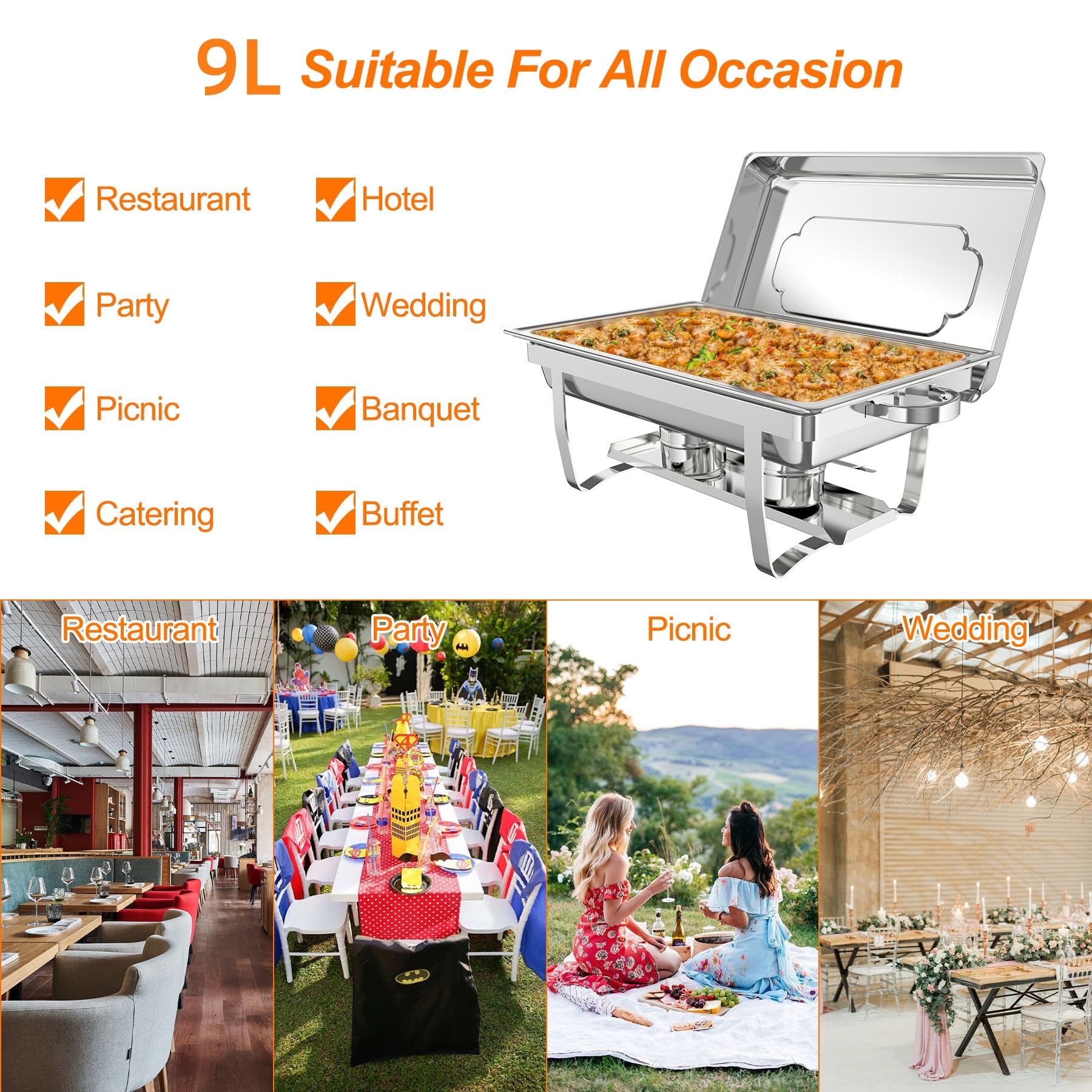 Juego de 2 Calentadores de Comida para Buffet, Chafing Dish, Calentador de Buffet de Acero Inoxidable, para Fiestas, Catering, Banquetes, para Catering, Eventos y Fiestas