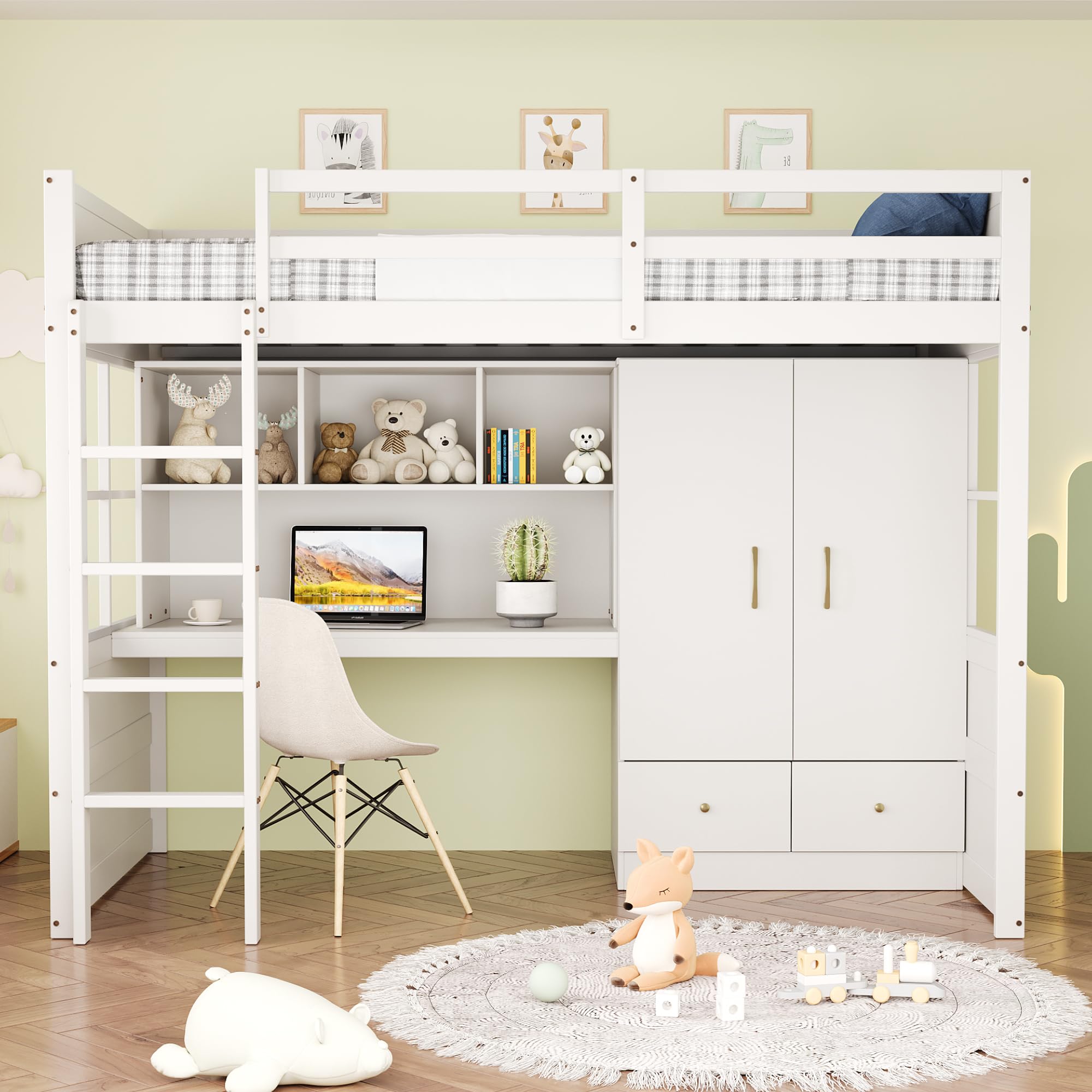 Kinderbett 90x200 cm, Hochbett mit Schreibtisch, Tisch mit Staufach, Kleiderschrank mit 2 Stauschublade, Etagenbett, Jugendbett, Bettgestell mit Lattenrost, Weiß, ohne Matratze