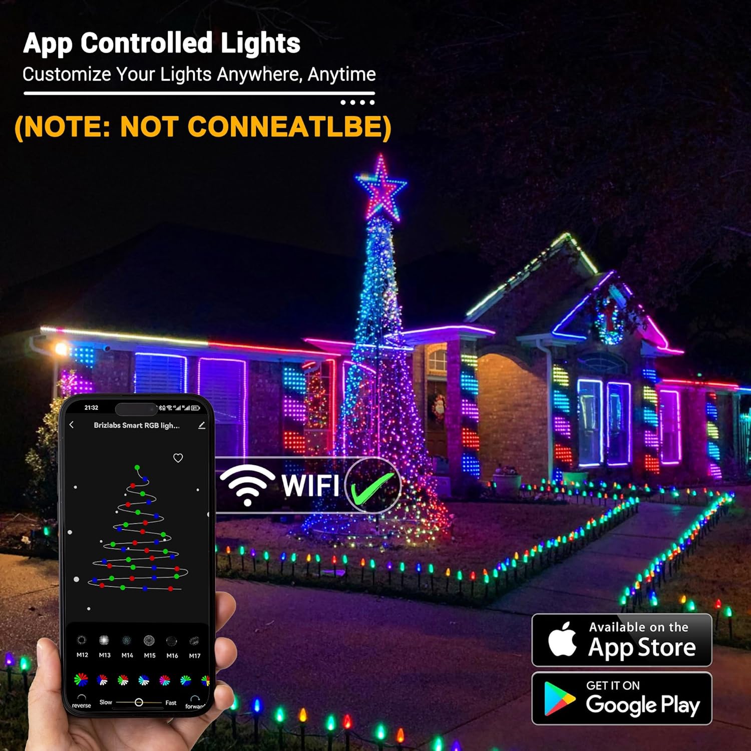 Brizled (Not Connectable Color Changing Smart Christmas Lights, 78FT 120 LED C9 String Lights App Control, Dimmable Outdoor Christmas Light, Christmas Tree Light Indoor, RGB Xmas Lights Party Decor RGB Color Changing - WiFi 120 LED, 78FT