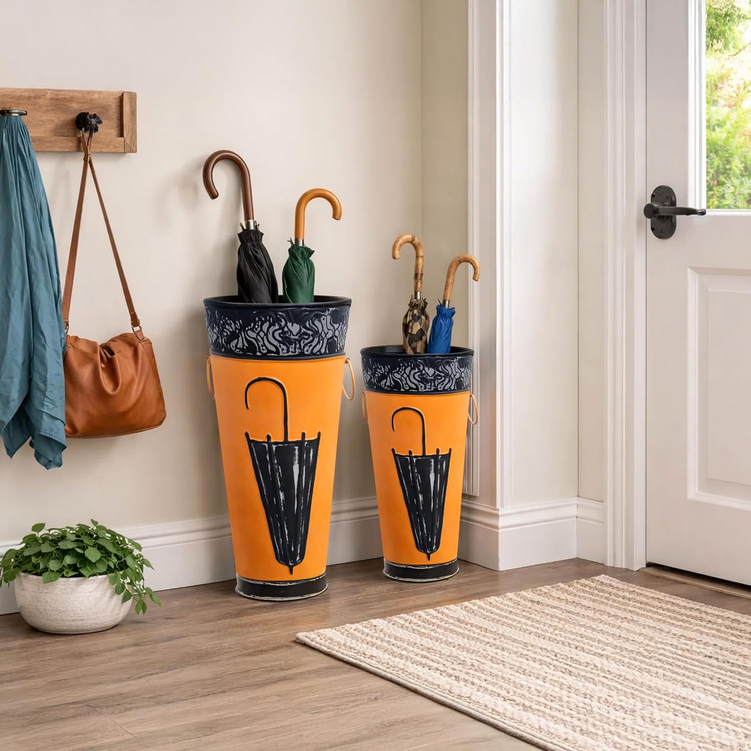 Benzara Metal Umbrella Stands Set of 2, Black Engraved Artwork Holders, 21 and 16 Inch Decorative Floor Stands for Entryway, Patio or Porch, Indoor Patio