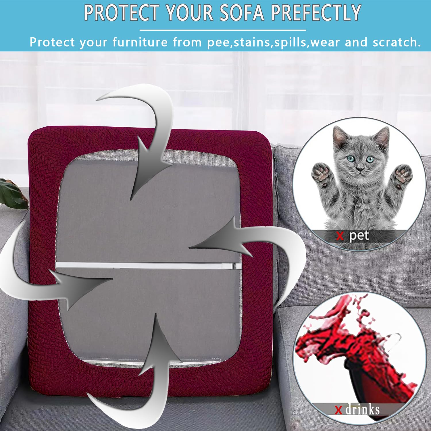 SHANNA Seat Cushion Sofa Cover: 2 Seater Waterproof Couch Cushion Slipcovers Add Thick Patio Chair Cushion Pet Friendly Furniture Protector for Couch (Wine Red) - Image 3