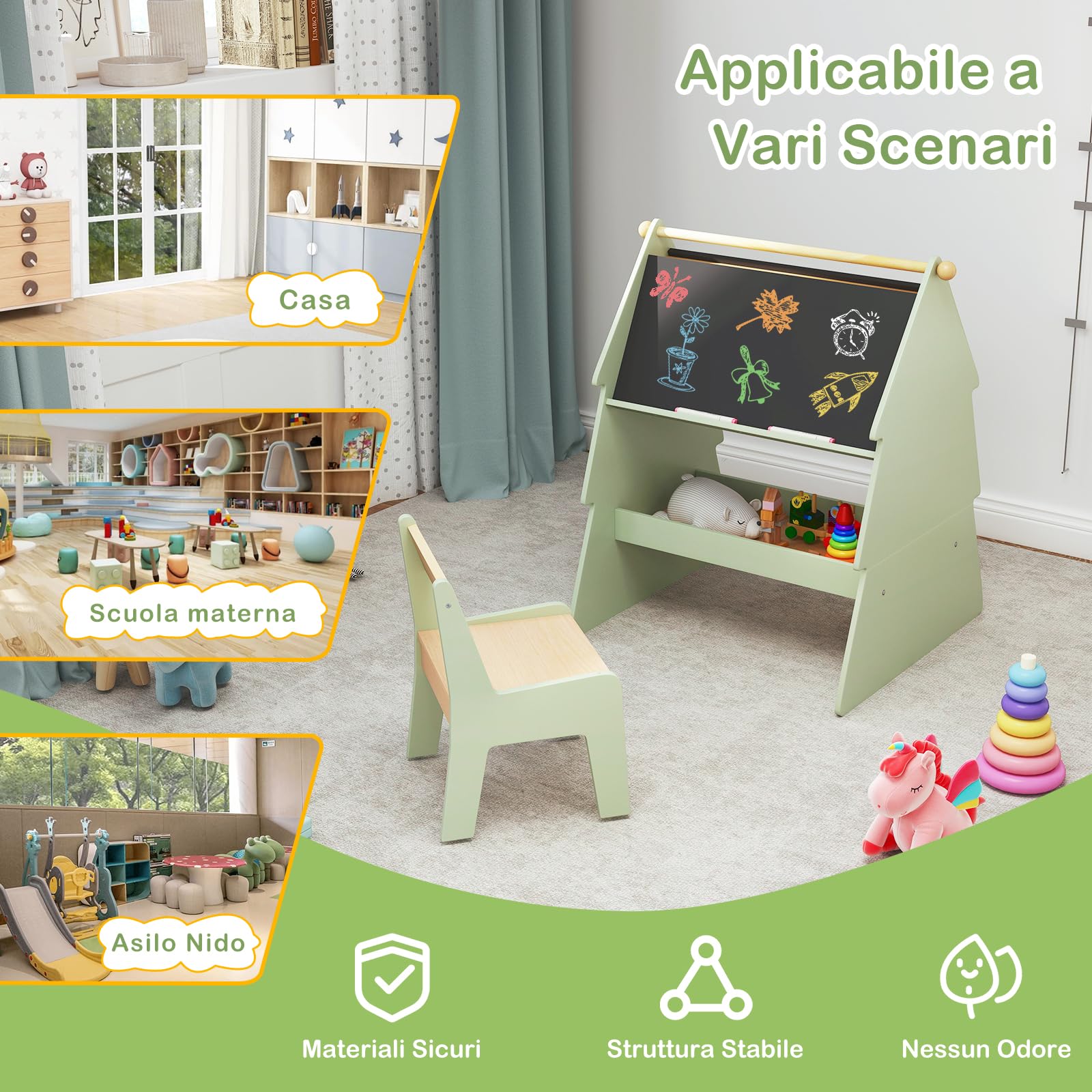 RELAX4LIFE 2 in 1 Lavagna per Bambini Bifacciale, Set di Cavalletto Artistico a Forma di Albero con Sgabello, Rotolo di Carta, Scaffale di Stoccaggio, 68 x 60 x 80 cm, per Bambini 3+ Anni