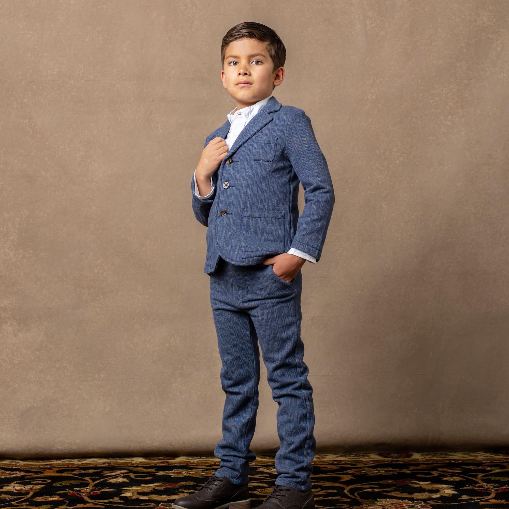 Hope & Henry Baby Boys' Fleece Suit Pant Made with Organic Cotton, 12-18 Months, Navy Herringbone