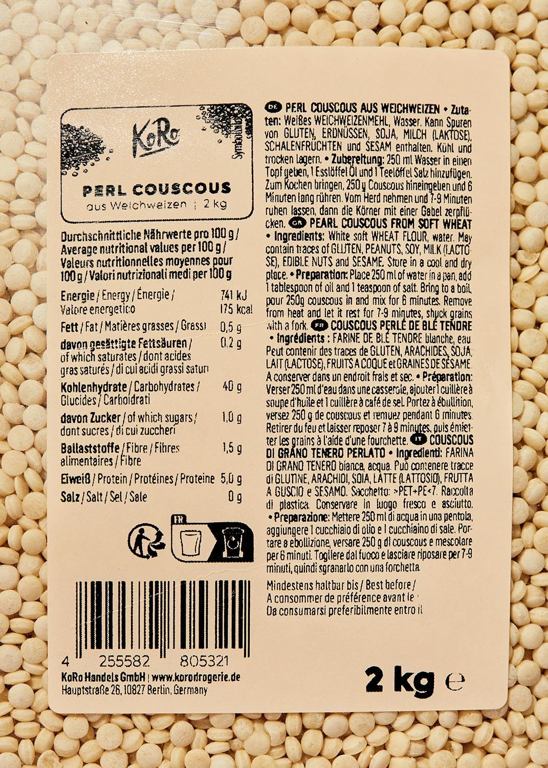 KoRo - Perl Couscous 2 kg - Utilisation multiple - Vegan - Préparation rapide