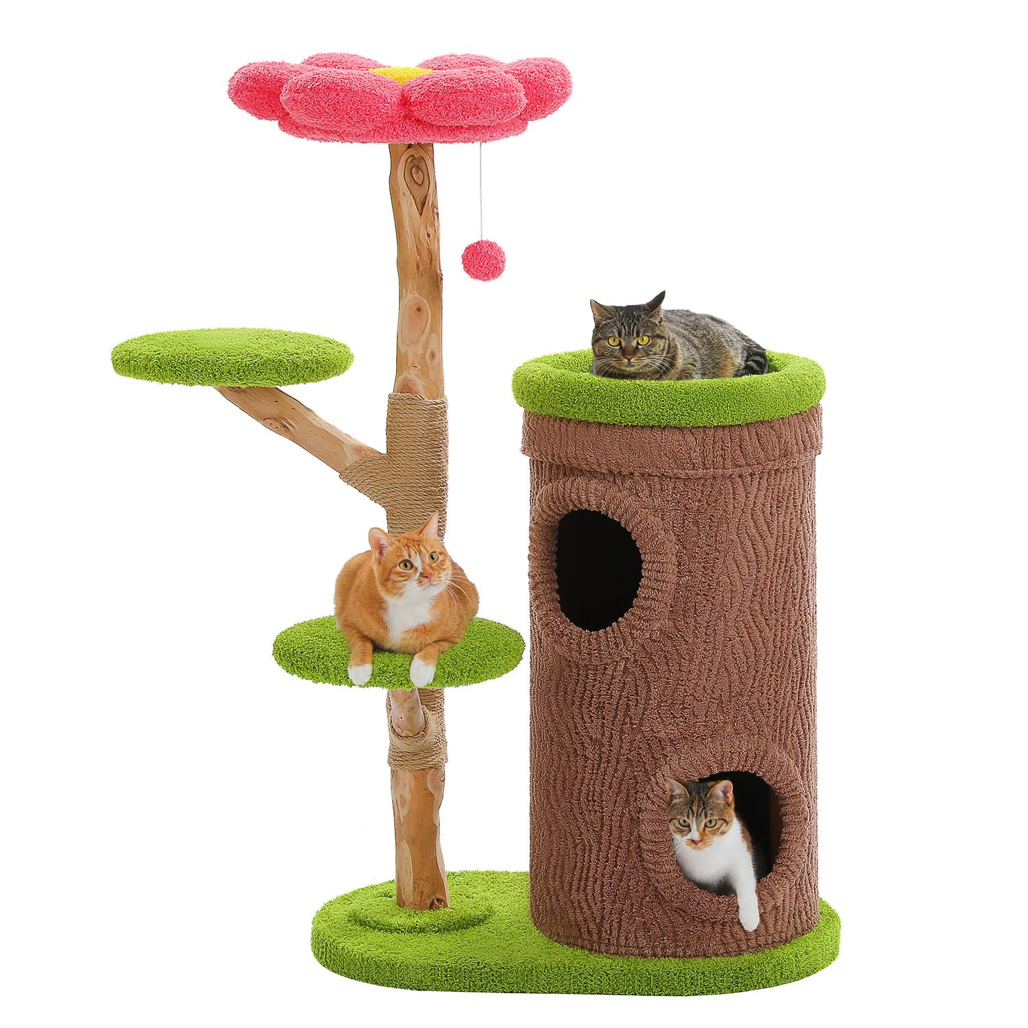 MUTTROS Wood Cat Tree with Flower Perch, 53.5" Modern Cat Tower w/Natural Solid Wood Scratching Post (&phi;3.8in), Large Heavy Duty Forest Cat Tree Furniture w/2 Condos for Indoor & Multi-Cat Household