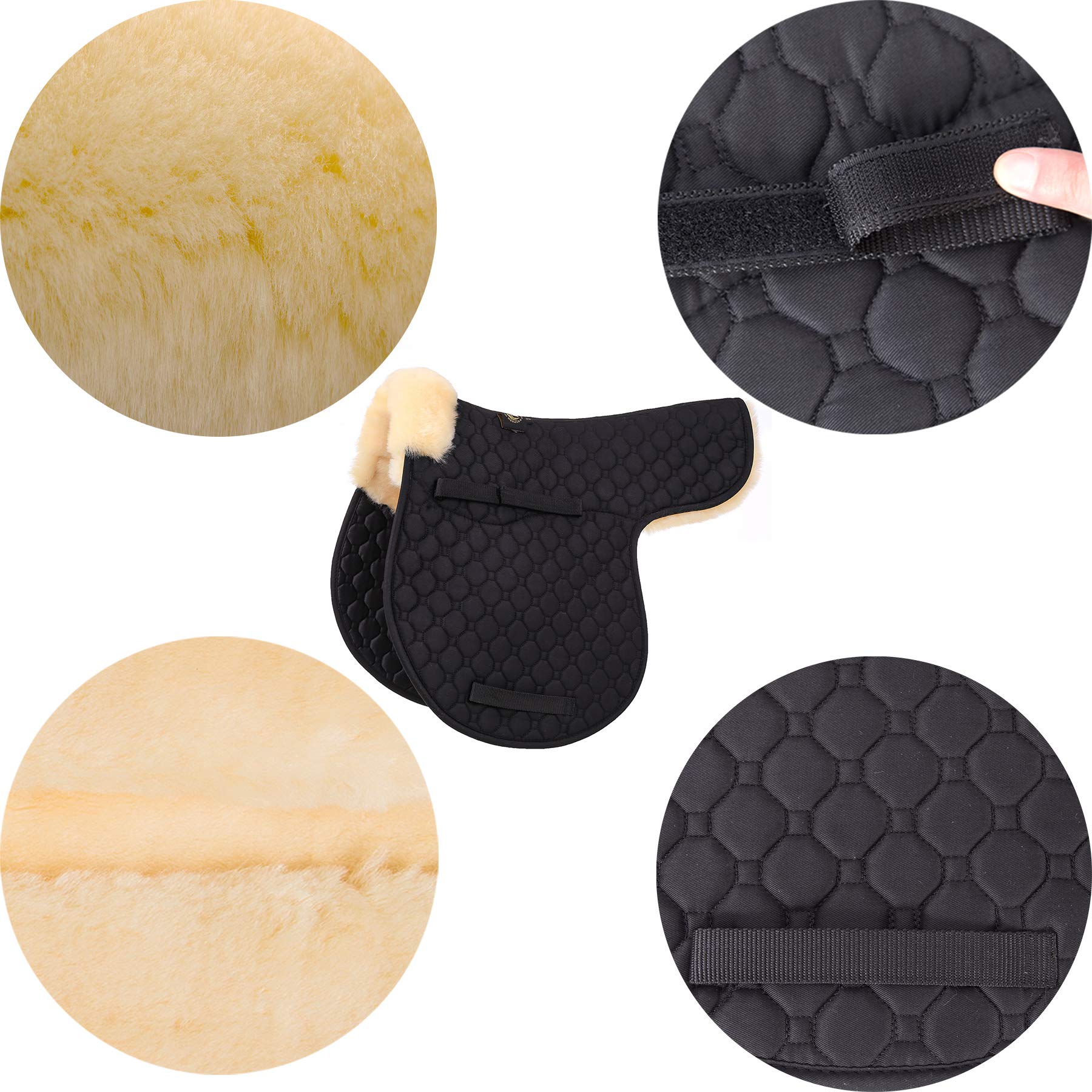 Echtes Lammfell Sattelkissen Sattel Dressur und Allzweckkissen mit Echtes Lammfell und gesteppter Baumwolle (VSS(Versatility), Schwarz mit Naturlammfell)
