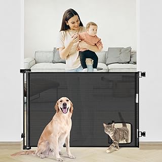 Retractable Baby Gate with Cat Door (55” Wide x 35” Tall) Retractable Dog Gate with Small Pet Door Mesh Pet Gate with Door for Puppy Dogs Cat Gate for Doorway/Stairs/Indoor and Outdoor (Black)
