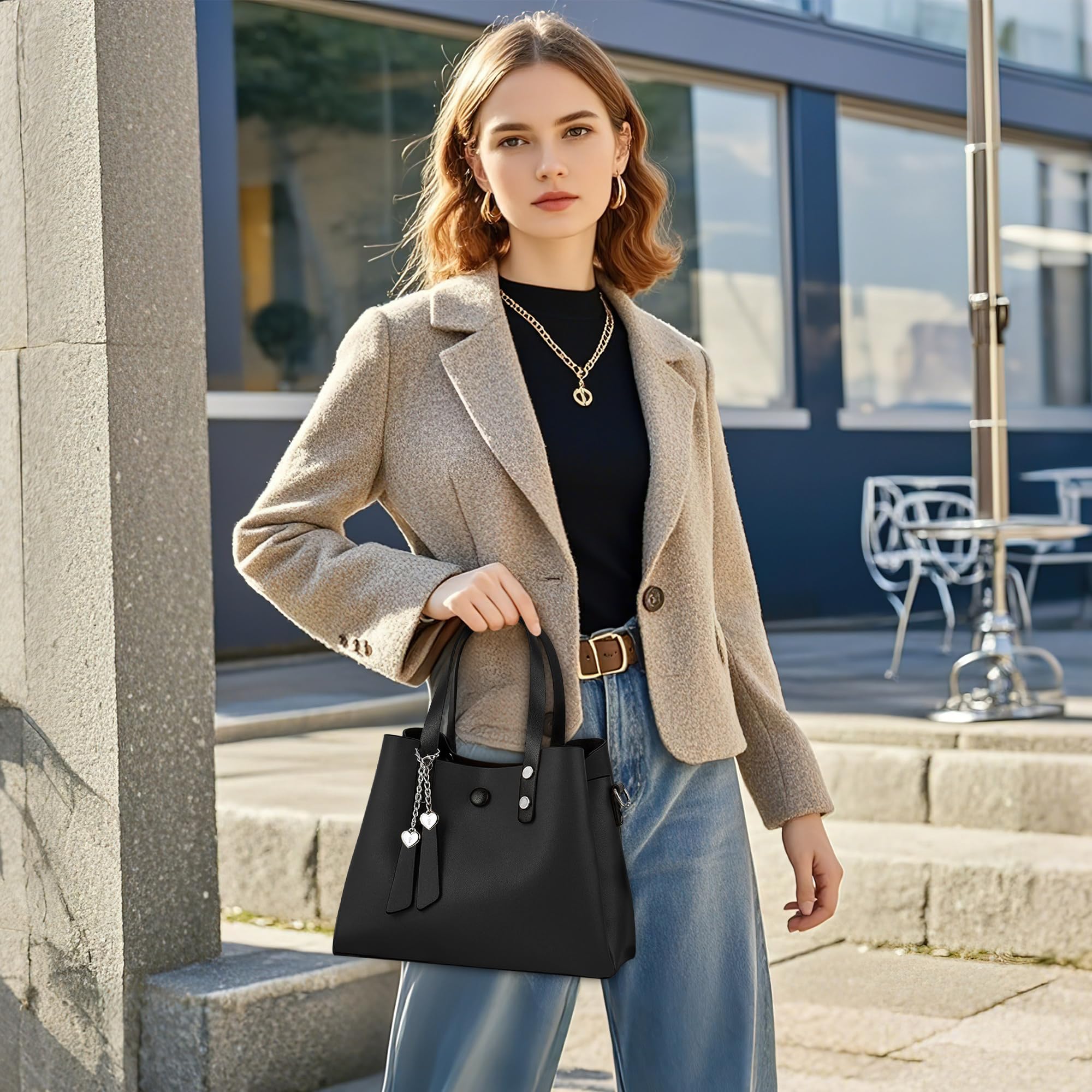 Borsa Donna in PU Pelle, Borsa a Mano Elegante con Tracolla Regolabile e Rimovibile, Shopper Capiente per Lavoro, Shopping, Viaggio e Uso Quotidiano Nero