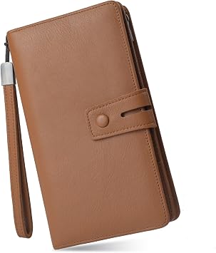 Bveyzi Womens Big Fat Rfid Leather Wristlet Wallet Organizer Large Phone Checkbook Holder with Zipper Pocket Brown