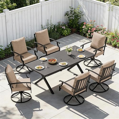 Miniatura 39 de Juego de 10 piezas de comedor para patio al aire libre, mesa de patio y sillas de ratán con agujero para paraguas, juego de mesa de comedor para 8