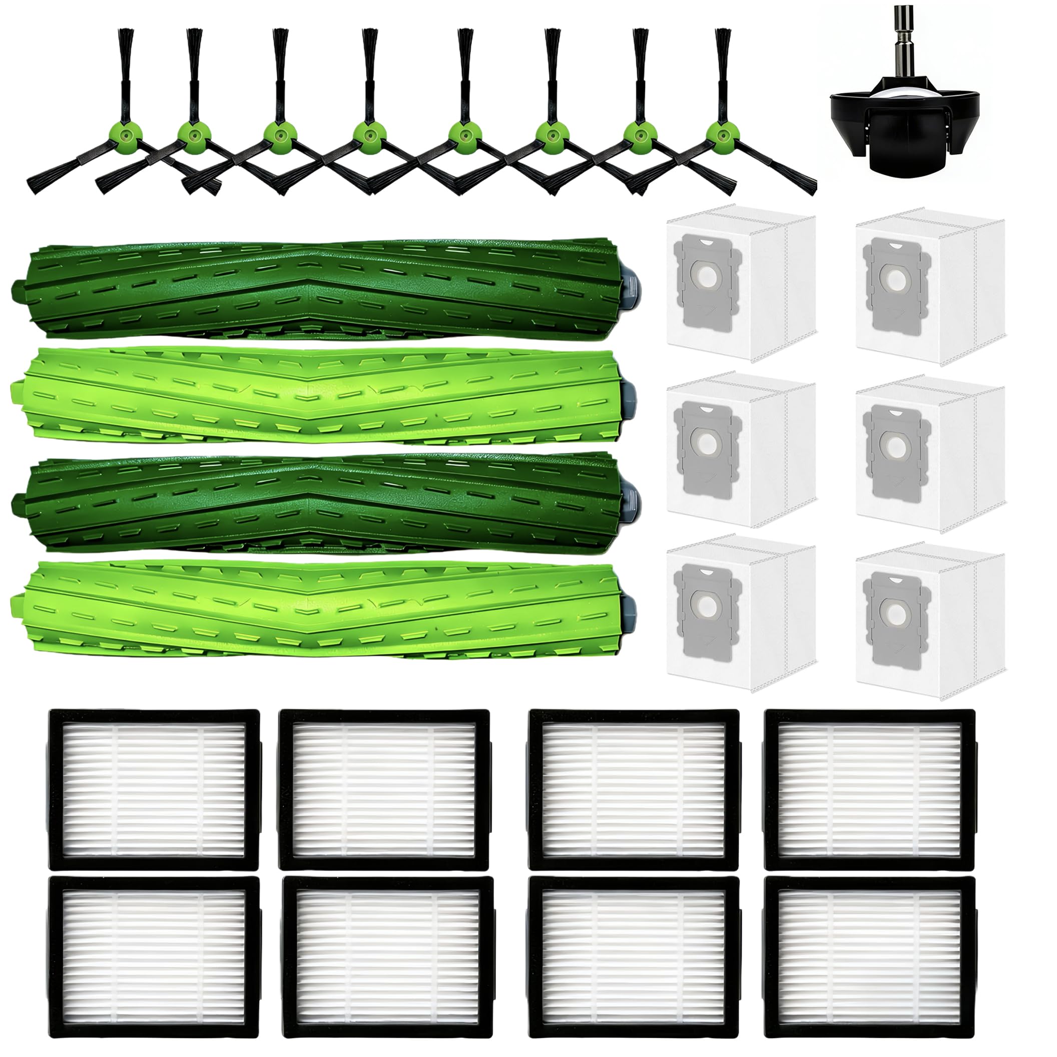 Accesorios compatibles con iRobot Roomba Evo i1 i2/+i3 i3+ i4 i5 i6 i6+ i7 i7+ i8 i8+/Plus E5 E6 E7 J5 J7 I, E &J Series: cepillo de rodillo, cepillos laterales, filtro HEPA, rueda delantera