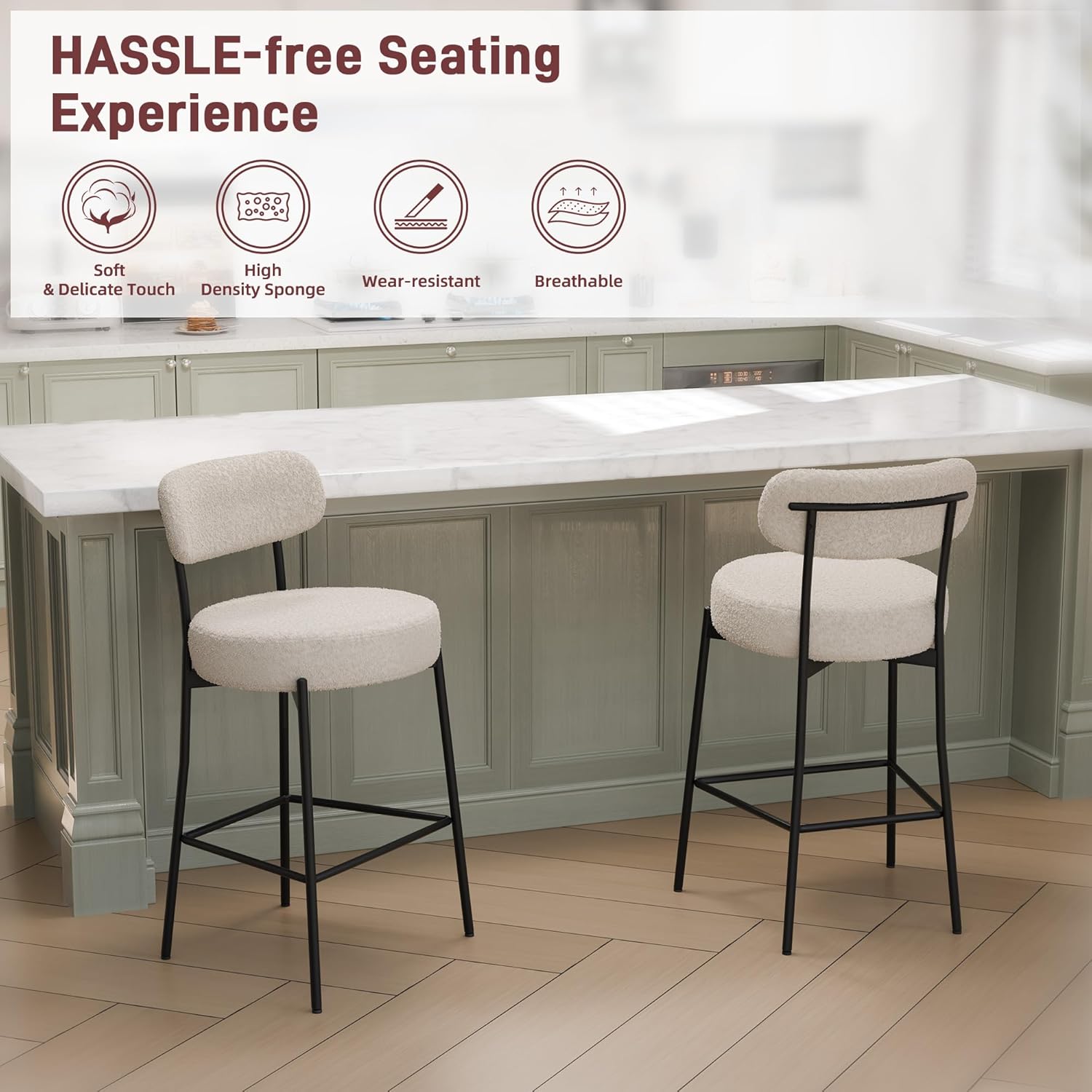 Bar Stools Set of 3, 27 Inches Counter Height Bar Stools with Back, Modern Upholstered Boucle Barstools for Kitchen Island, with Metal Leg and Cushion, Grey
