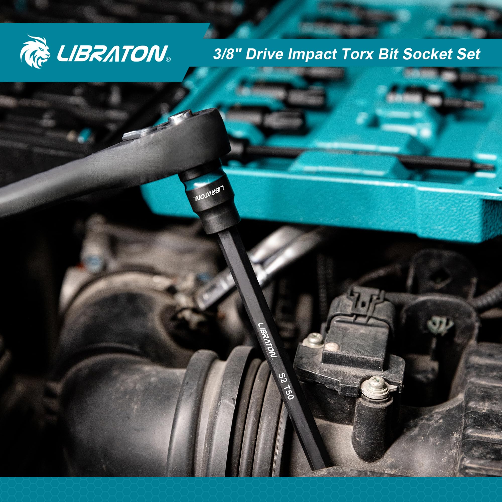LIBRATON Chiavi a Bussola Torx da Attacco da 3/8", Bussola Torx Lunghe, Bussola a Pressione in Acciaio S2, 24 Punte per Chiavi a Bussola, Bussole Per Inserti a Impatto, T10-T60, Lunghezza 48mm e 150mm