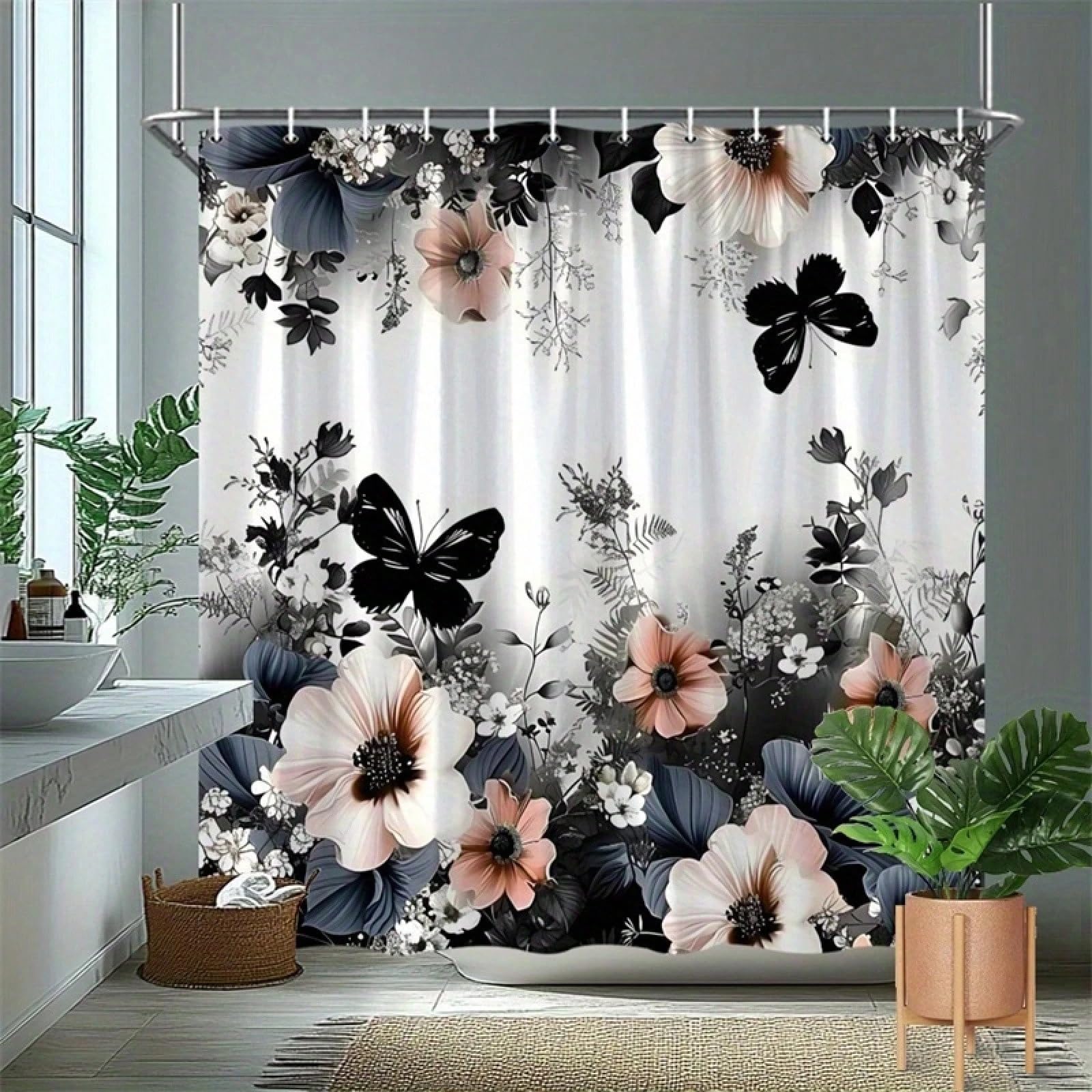 Farn-Duschvorhang, floraler Badezimmervorhang mit rosa/weiß/blauen Blumen und schwarzen Mustern (180 x 300 cm / 71 x 118 Zoll (B x H))