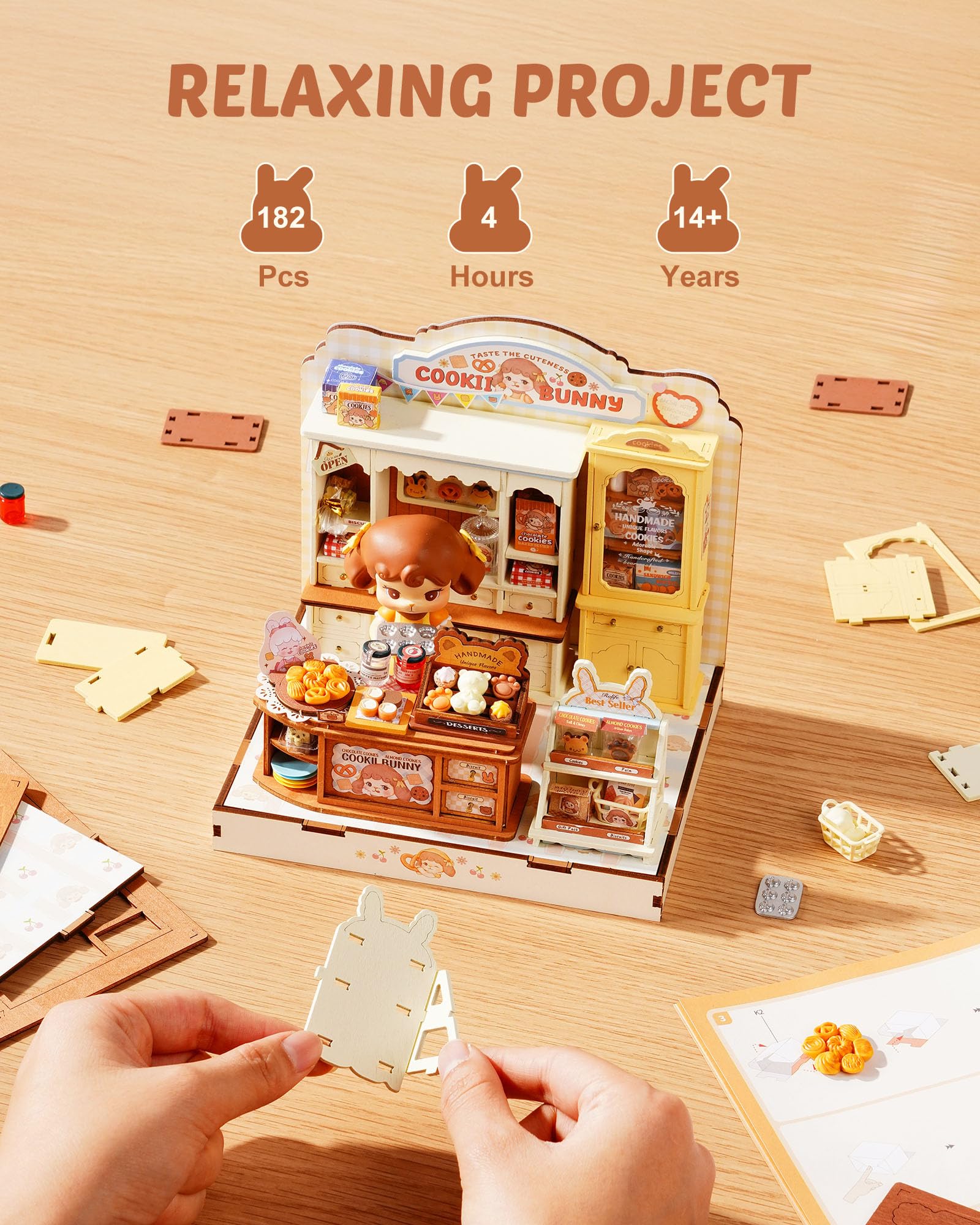 Rolife Maison Miniature Cookii Lapin’s Boutique de Cookies, 182 pièces Maquette Maison 3D Puzzle Maison de Poupée en Bois 3D à Construire Book Nook pour Adultes et Adolescents Pas de Colle nécessaire