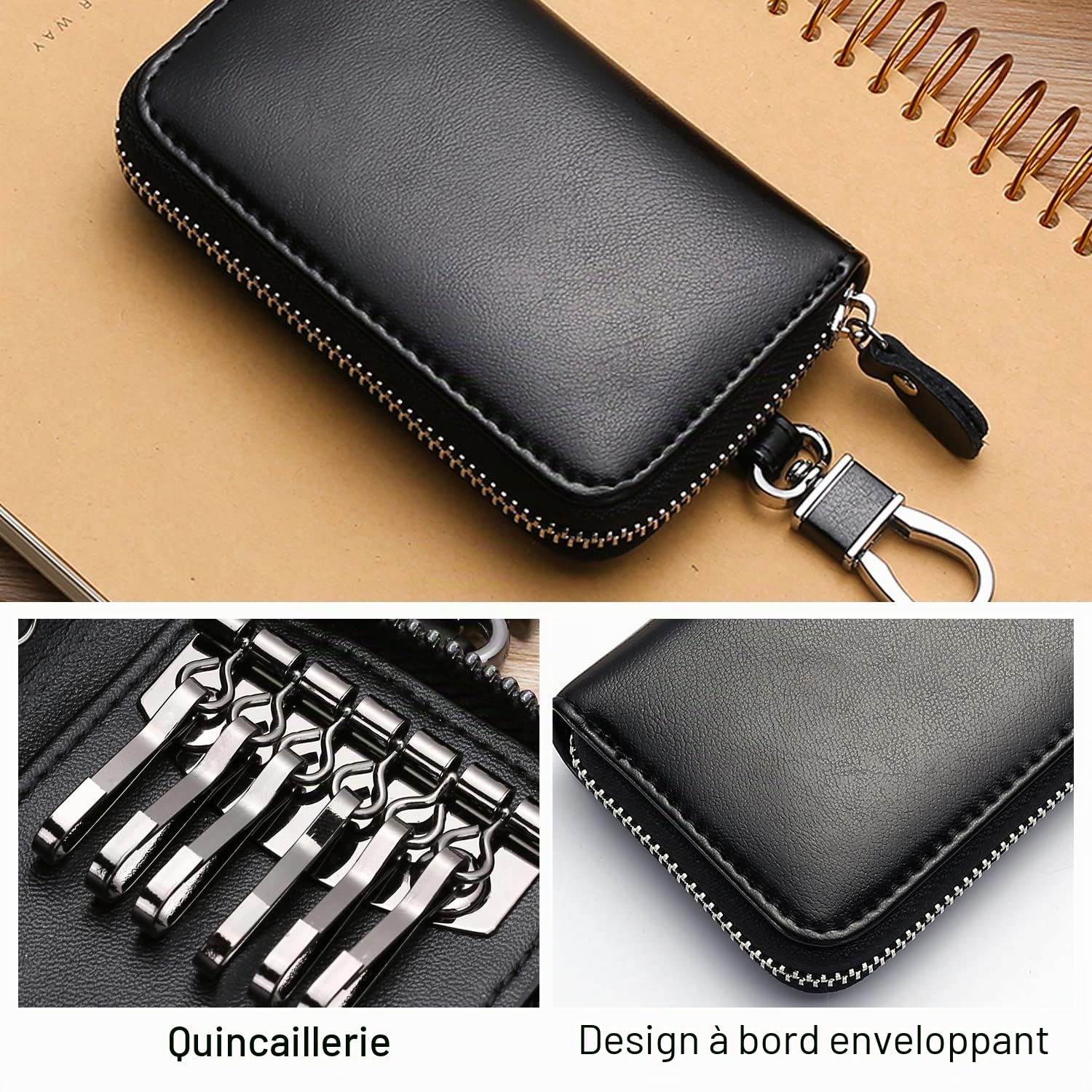 1 pièce de porte-clés de voiture en cuir de vache, portefeuille à fermeture éclair de grande capacité avec crochet, porte-clés de style classique pour cartes bancaires, clés (noir), Noir , 50