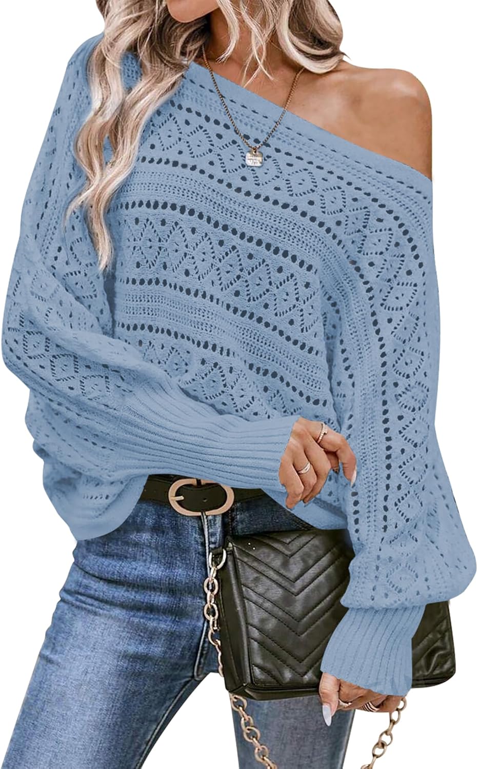 Cakulo Womens Off Shoulder Sweater Top Fall Outfits Fashion 2025 Oversized Knit Batwing Long Sleeve Crochet Pullover Sweaters