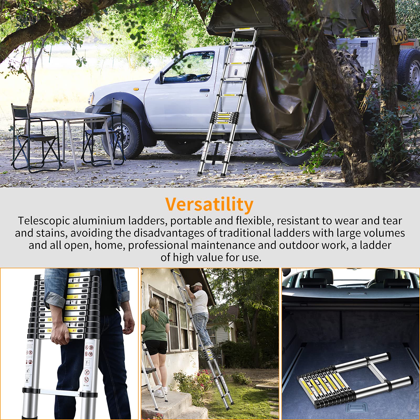 Nestling Échelle Télescopique 3,8M en Aluminium Bricolage Pliable Extensible Unique Droite Multi-Fonction Ladder Charge 150kg