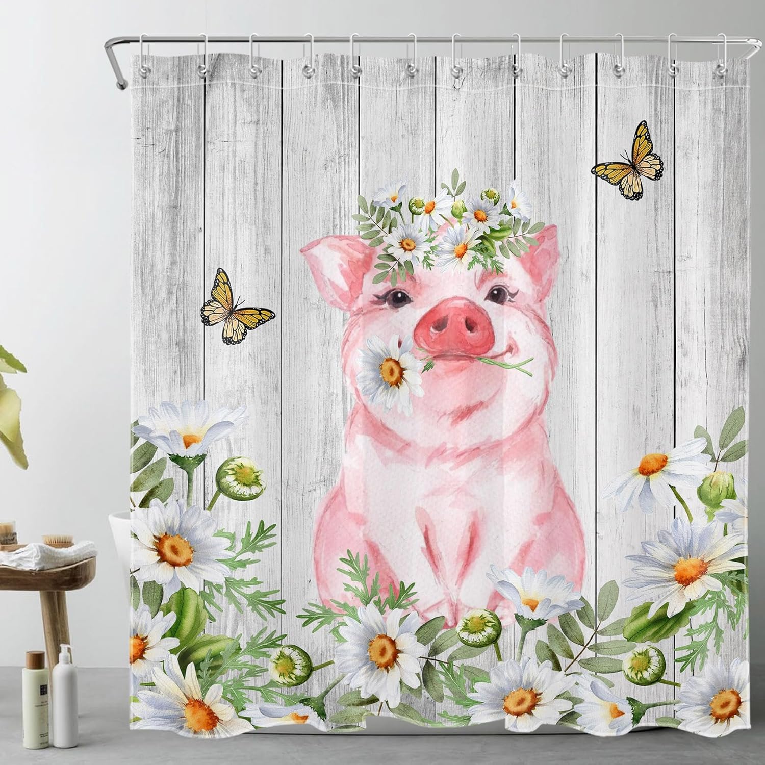 HVEST Farmhouse Pig Shower Curtain with Bathroom Rugs,Funny Animal Pink Pig and White Daisy Flower and Butterfly Shower Curtain Set, 70L x 70W inches Green Leaf Plant Shower Curtain with Bath Mat