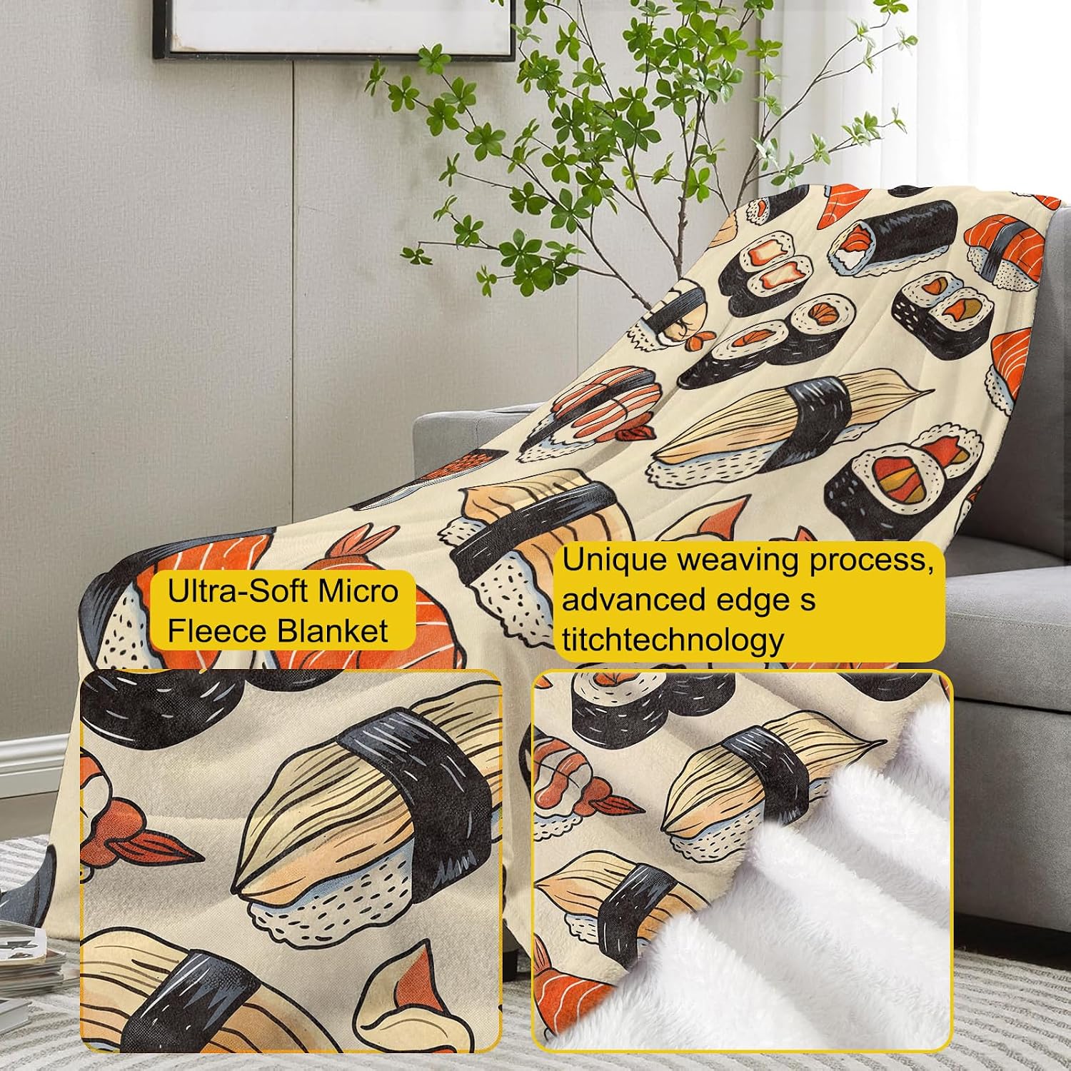 Sushi Pattern Blanket - Food-Themed Fleece Throw with Cartoon Design, Soft Cozy Lightweight, 50x60 in, Decor for Sushi Lovers