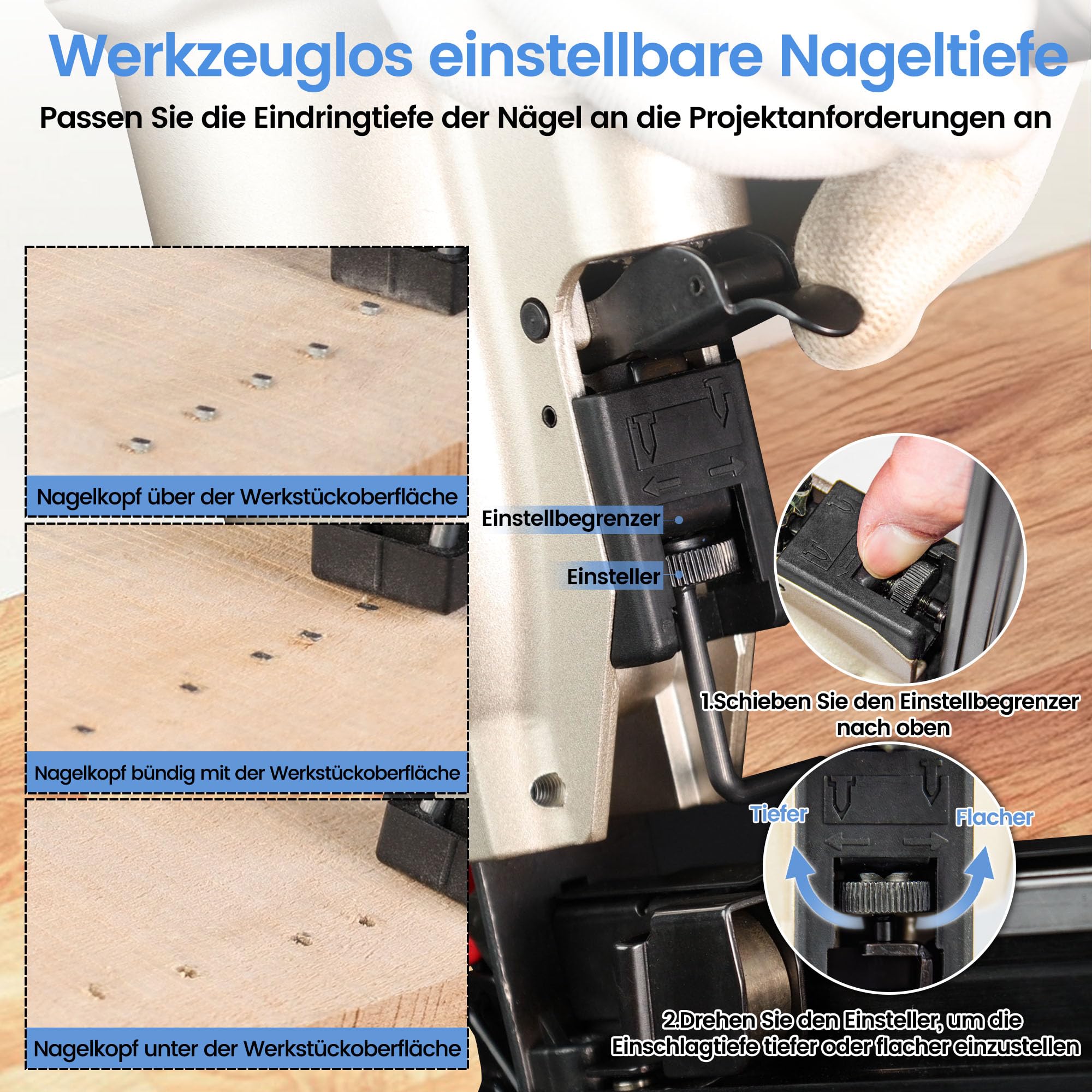 meite T64A Nagelpistole 16GA mit 2500 Stk. 50 mm Stauchkopfnägeln, für 32–64 mm Nägel, mit Tiefeneinstellung, Schnellverschluss-Nase, Sicherheitsnase, 100er Magazin