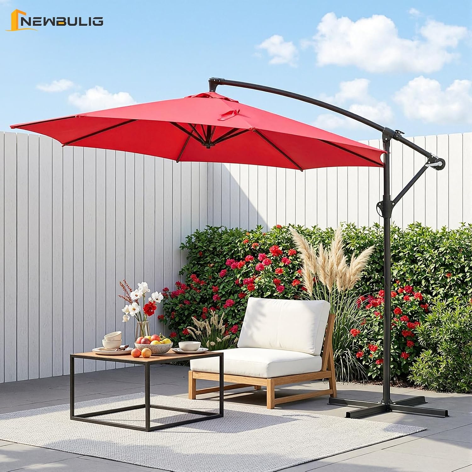 Patio umbrella with weighted base in an outdoor setting