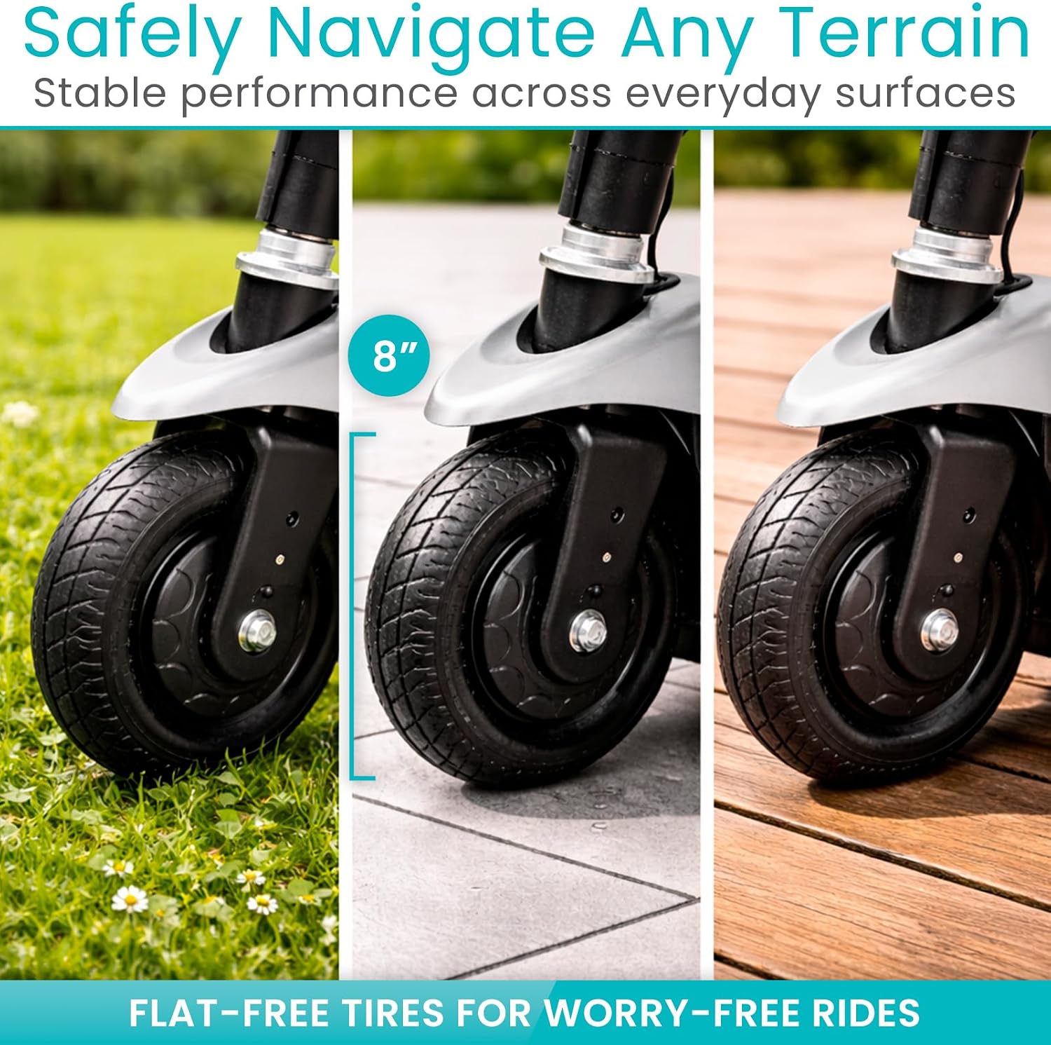 Close-up of the Vive 3 Wheel Mobility Scooter's flat-free tires