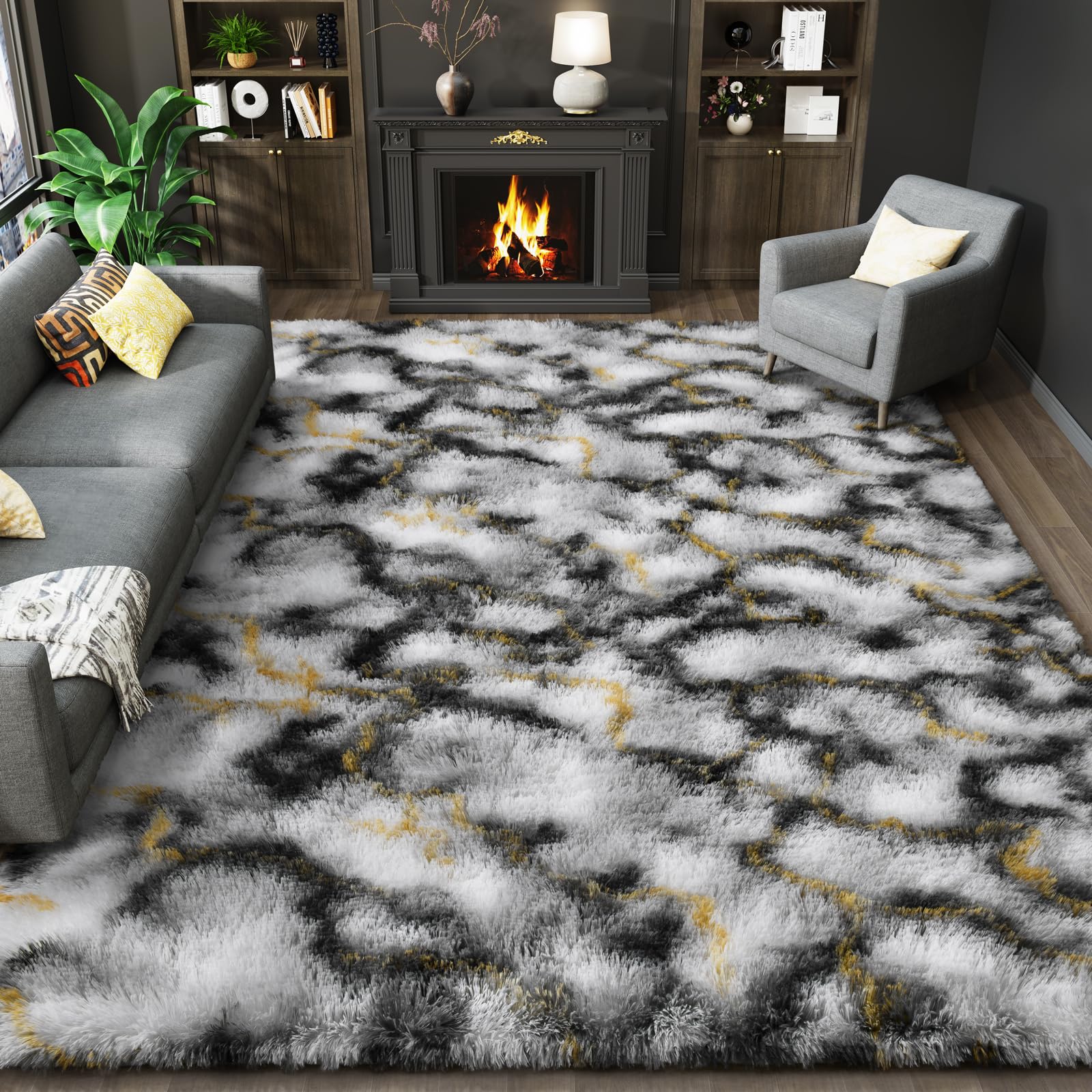 LOCHAS Ultra Soft Indoor Modern Area Rugs Fluffy Living Room Carpets for Children Bedroom Home Decor Nursery Rug 4x6 Feet, Grey-Gold