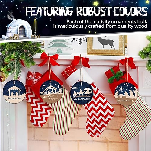 Miniatura 5 de Soaoo 36 adornos de pesebre a granel para árbol de Navidad, adornos de madera para belén, adornos redondos a granel, decoraciones colgantes para