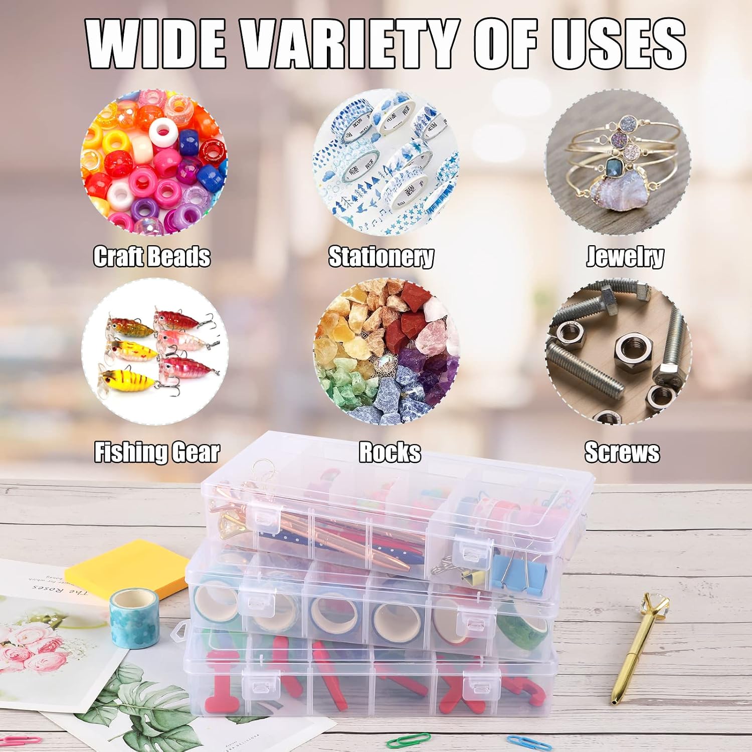 SGHUO 4 Pack 18 Plastic Organizer Box with Adjustable Dividers, Compartment Storage Container for Jewelry, Craft DIY, Bead, Sewing, Dip Powder, Hair Accessories, Thread