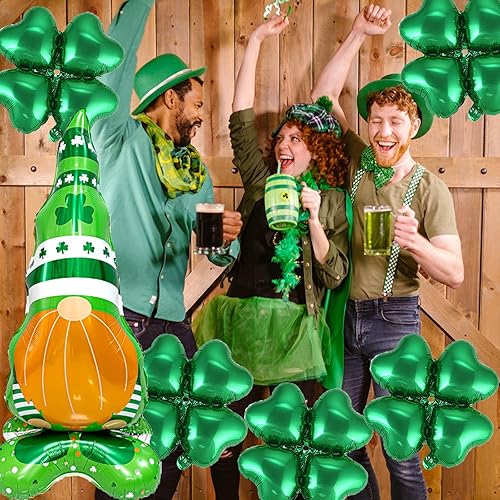 Miniatura 5 de Juego de 11 globos de decoración del día de San Patricio, globos gigantes en forma de gnomo de pie, globos de papel de aluminio de trébol verde para