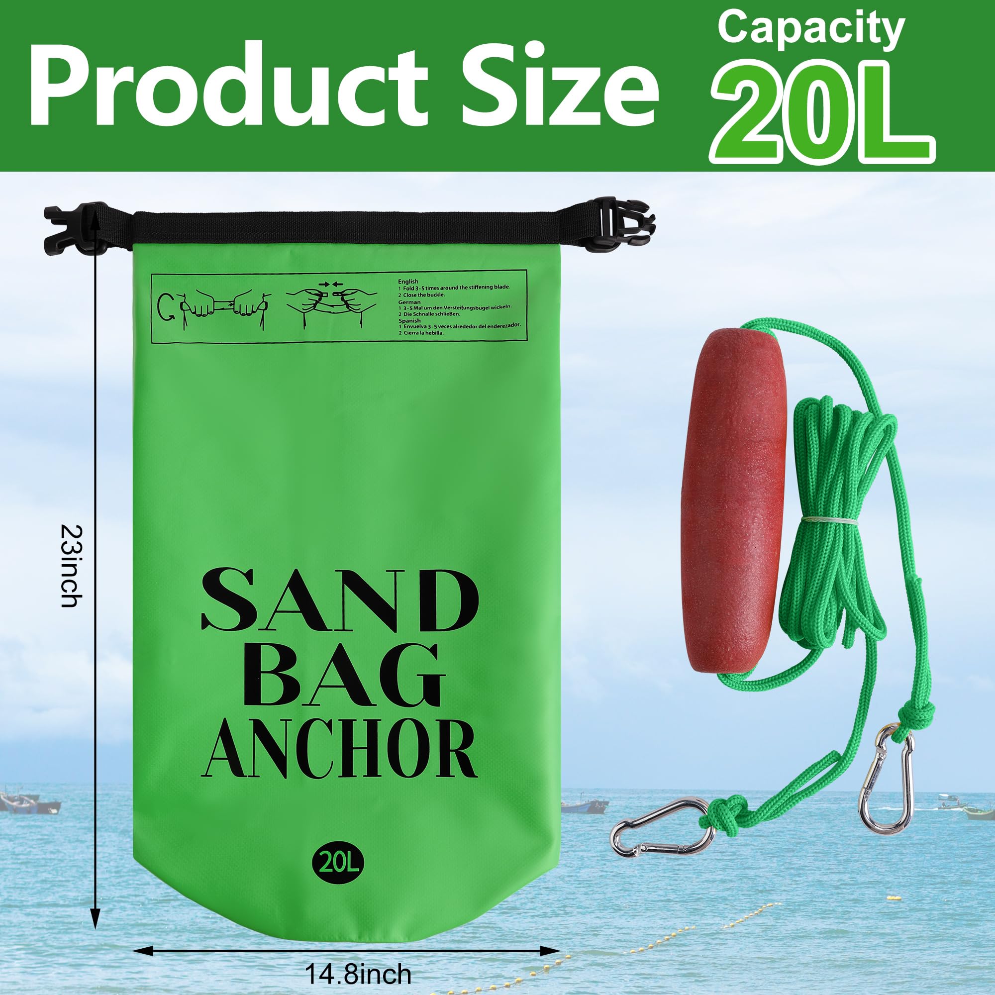 RunNico Anclaje de arena 500D para barcos pequeños, kit de anclaje PWC 2 en 1 con boya ajustable, bolsa seca impermeable para motos acuáticas, kayak, barco, embarcaciones y canoas