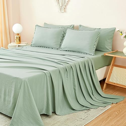 Miniatura 8 de Litanika Juego de edredón tamaño Queen, color verde salvia, edredón de 7 piezas con flecos de pompones, juego de cama bohemio estético con edredón,