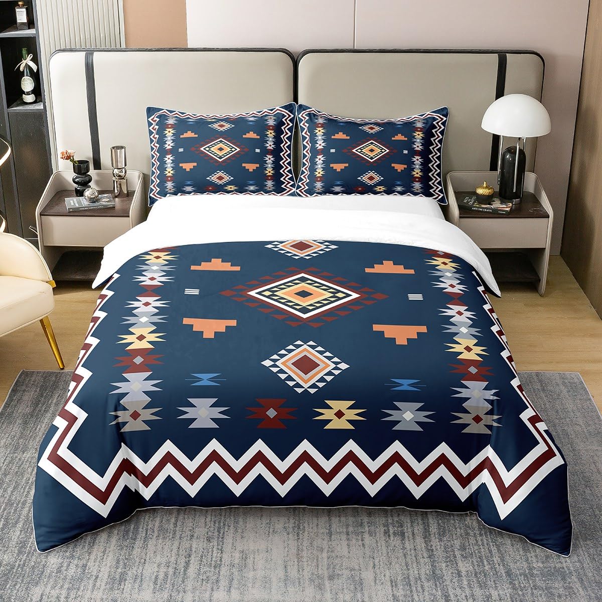 Homewish Aztec 100 Percent Cotton Duvet Cover Single,Boho Retro Stripes Bedding Set,Ethnic Tribal Arrow Western Pcomforter Cover,Southwest Vintage Geometric Pattern Bed Sets with 1 Pillowcase,Blue