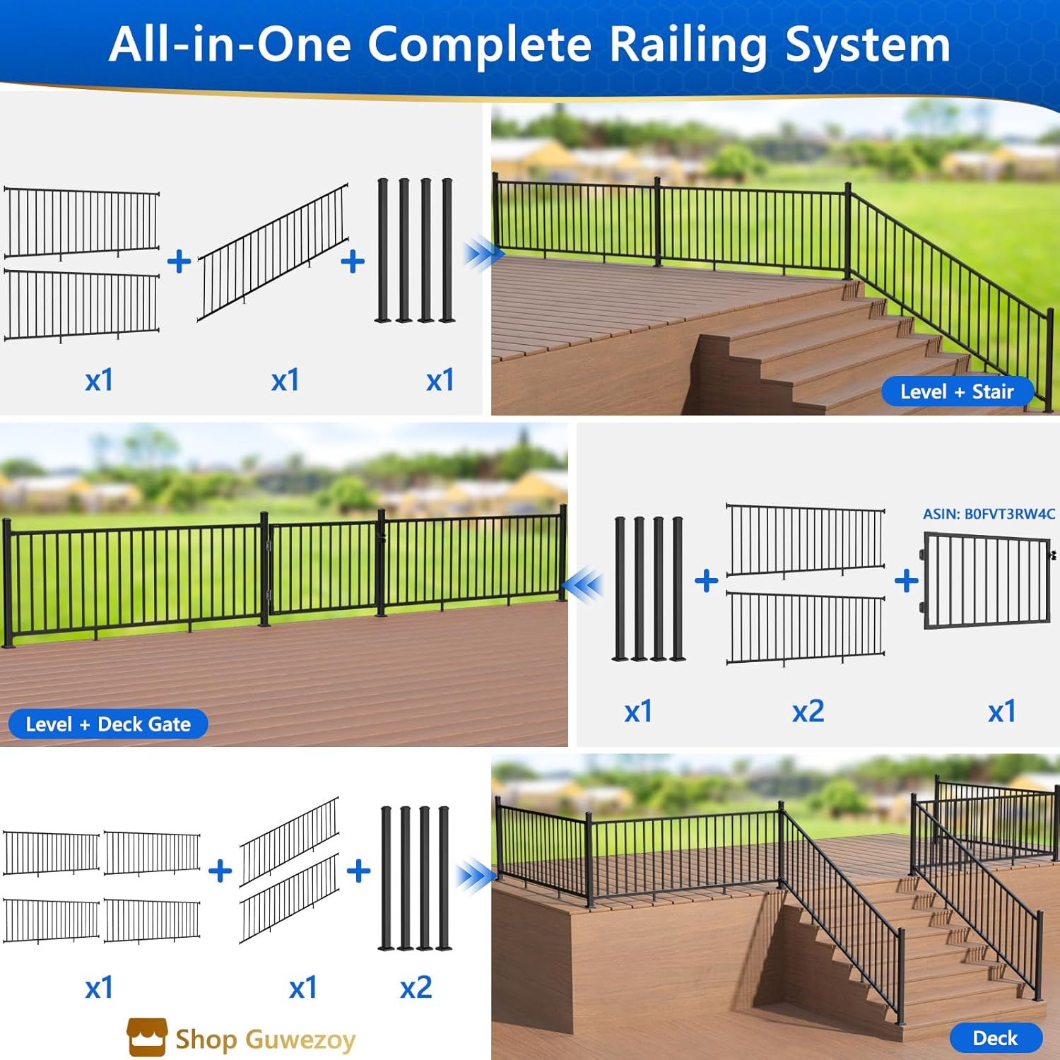 3 Pack W.8ft x H.36in Aluminum Deck Railing Kit, Textured Matte Black AAMA 2604 - Coat Finish, Cuttable DIY Porch & Deck Rail System for Residential Outdoor Use (Without Post)