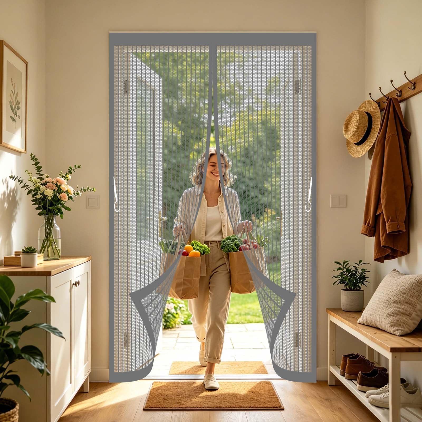 Magnetic Fly Screen Door 83 x 185 cm with Powerful Magnets and Full Frame Magic Tape, Hands Free Closing Door Fly Screen Mesh Insect for Bedroom, Sliding, Grey