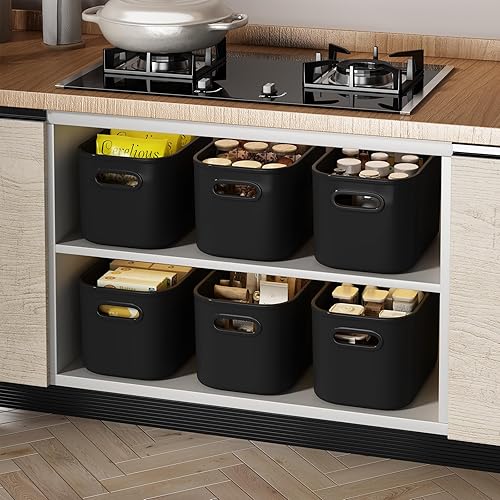 Miniatura 2 de Paquete de 10 contenedores de almacenamiento de plástico negro, contenedores de almacenamiento para organizar, cajas de almacenamiento con asa para