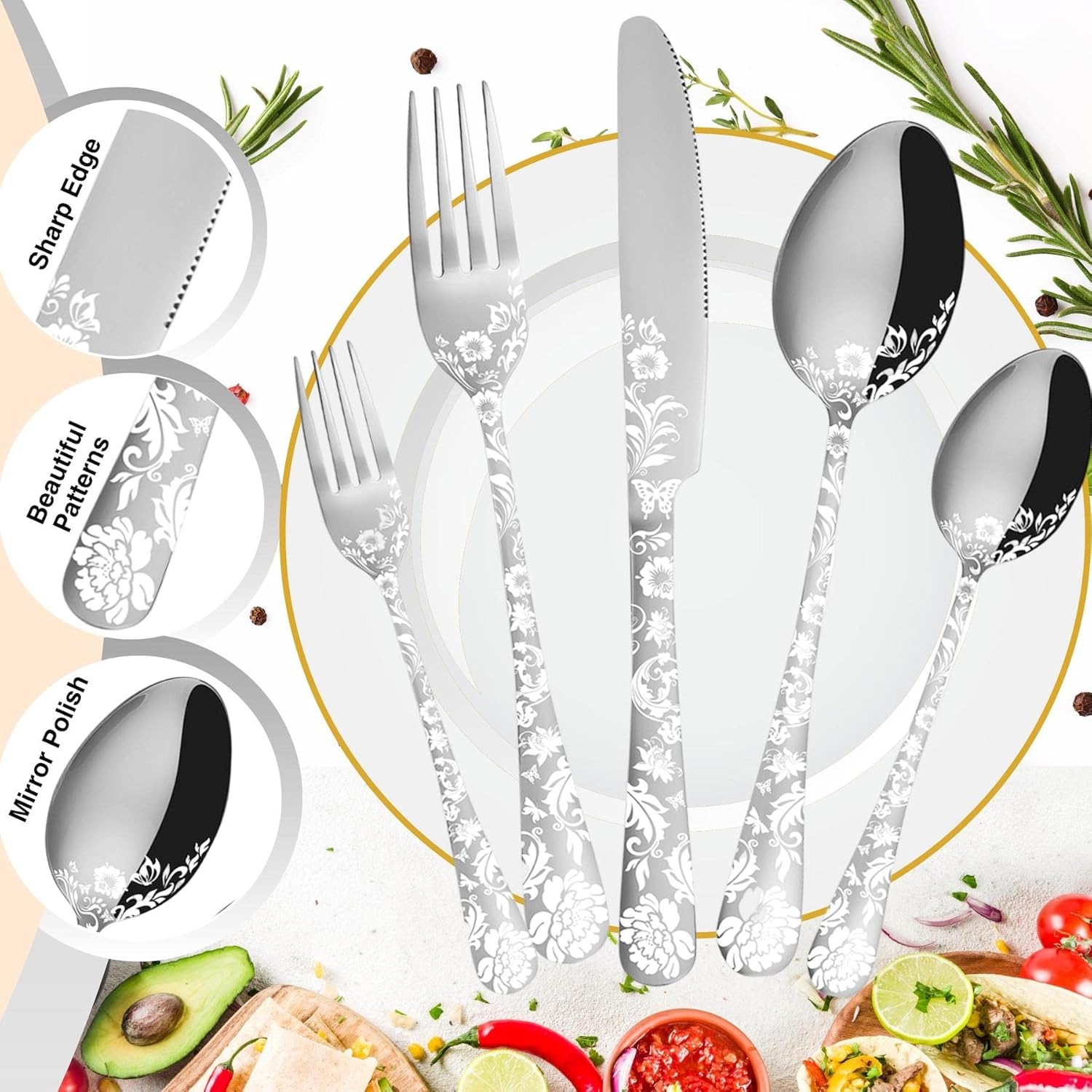 Vilihkc 20 piece Peony Flower Pattern Design Silverware Set, Stainless Steel Flatware Set Service for 4, Silver Cutlery Set, Mirror Polished Utensil Set for Kitchen, Dishwasher Safe