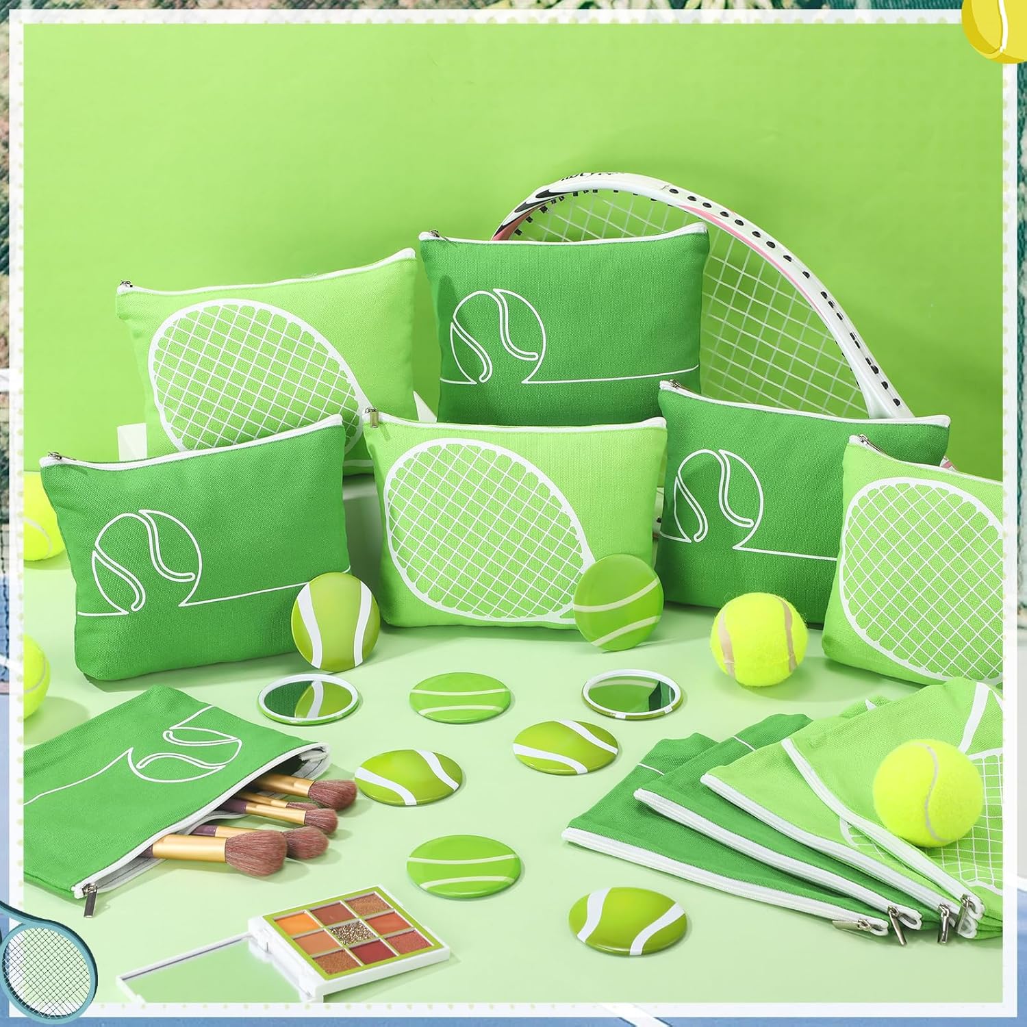Kacctyen 24 Pcs Tennis Gifts Bulk for Women Tennis Lovers Canvas Makeup Bags Compact Mirrors Accessories for Girl Coach Teacher Womens History Month Birthday Graduation Party Gifts