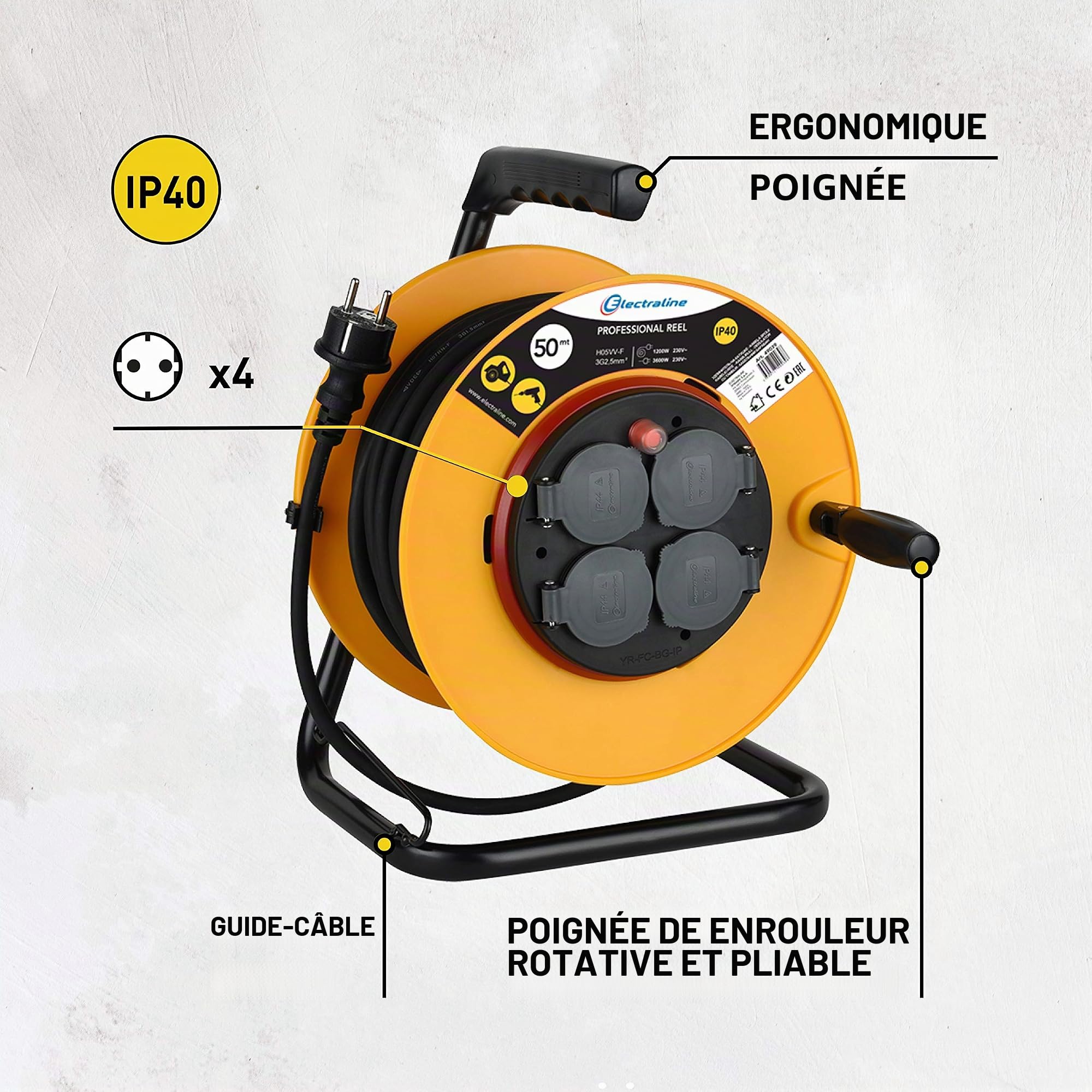 Electraline Pro-Line 49039 Rallonge de câbles avec 4 prises de courant IP40, 50 m, câble H05VV-F Section 3G2,5 mm², jaune